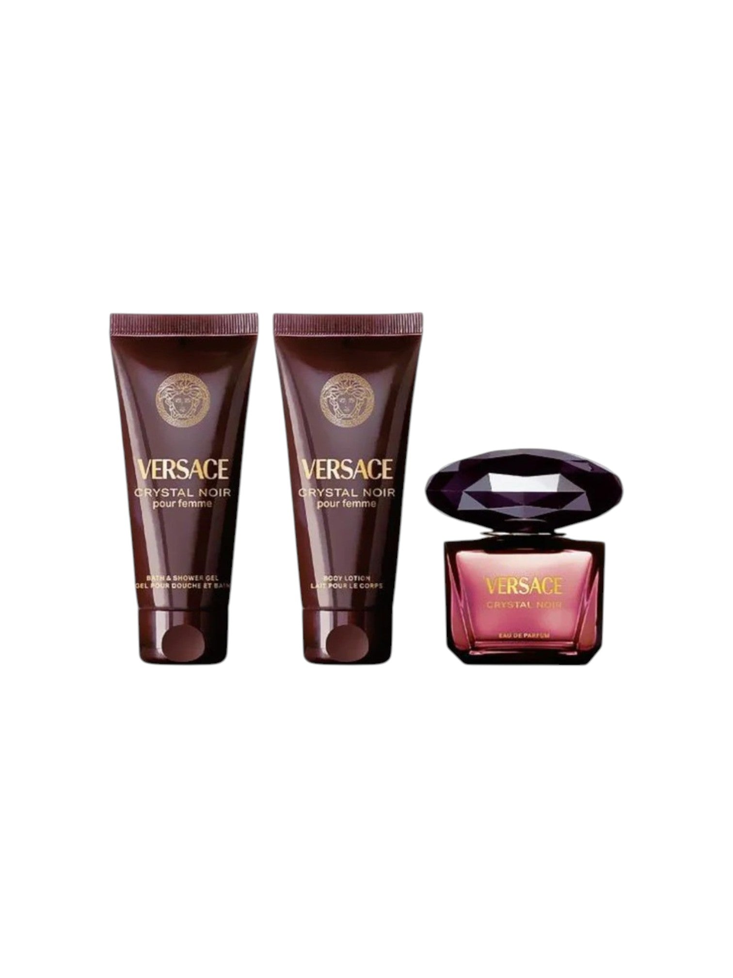Versace Crystal Noir perfume set with two bottles and a box on a white background. Versace, Monza Outlet, Monza Fashion, Shein Outlet