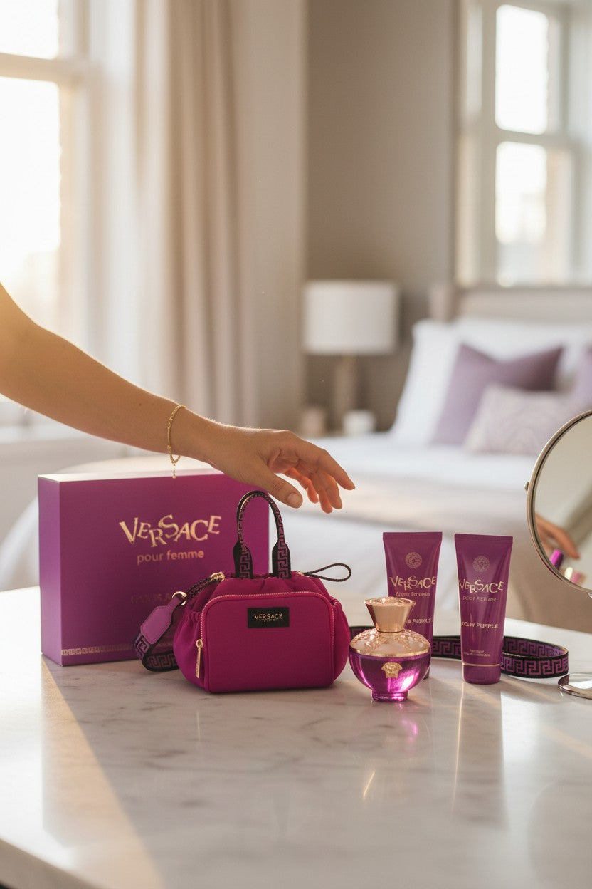 Versace beauty products on a marble surface with a blurred bedroom background. Versace, Monza Outlet, Monza Fashion, Shein Outlet
