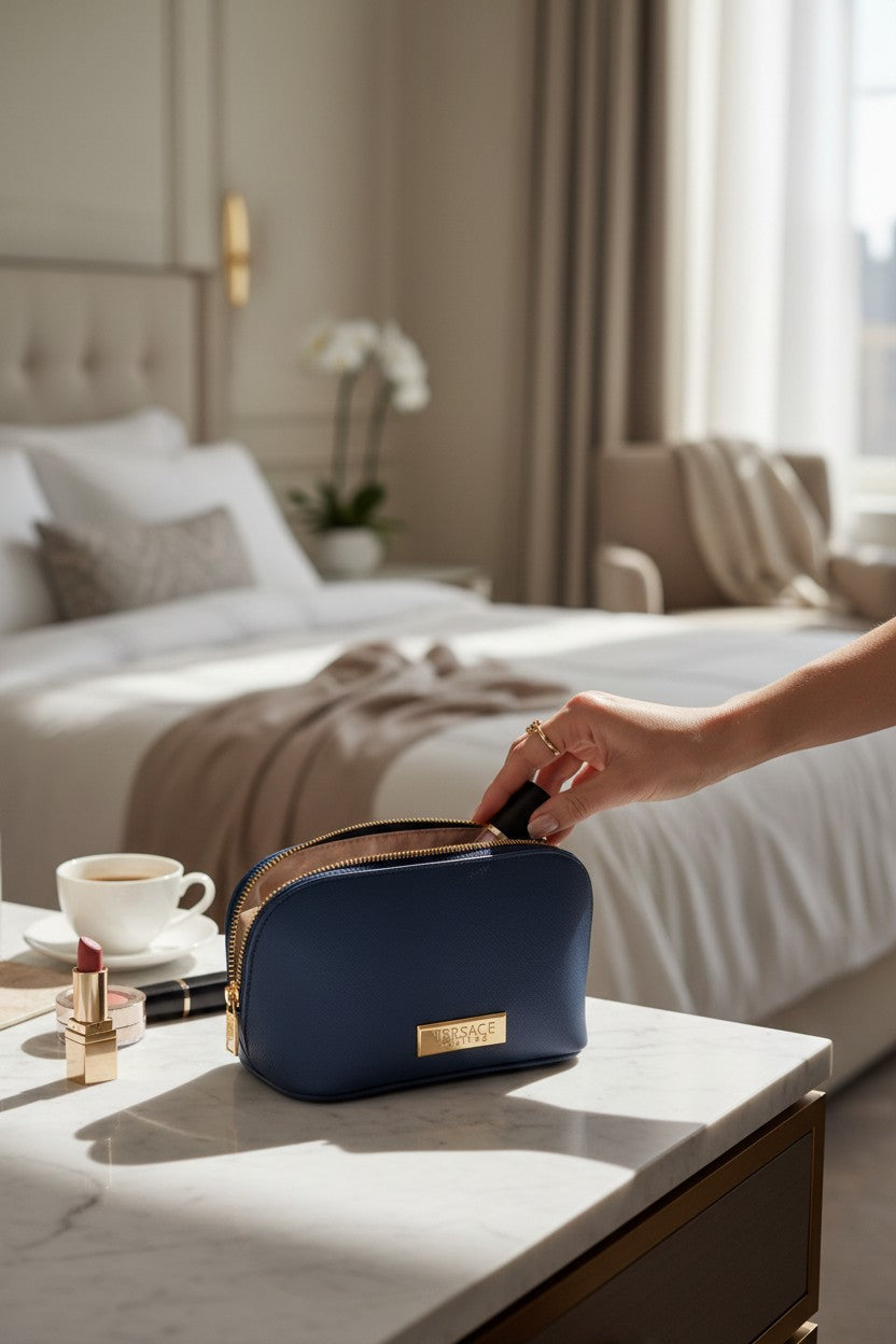 Person opening a blue cosmetic bag on a marble nightstand in a bedroom. Versace, Monza Outlet, Monza Fashion, Shein Outlet