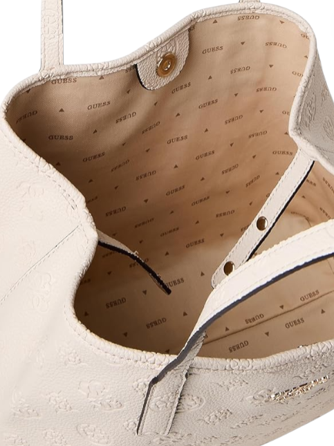 Close-up of a beige handbag with visible branding on the interior lining. Guess, Monza Outlet, Monza Fashion, Shein Outlet