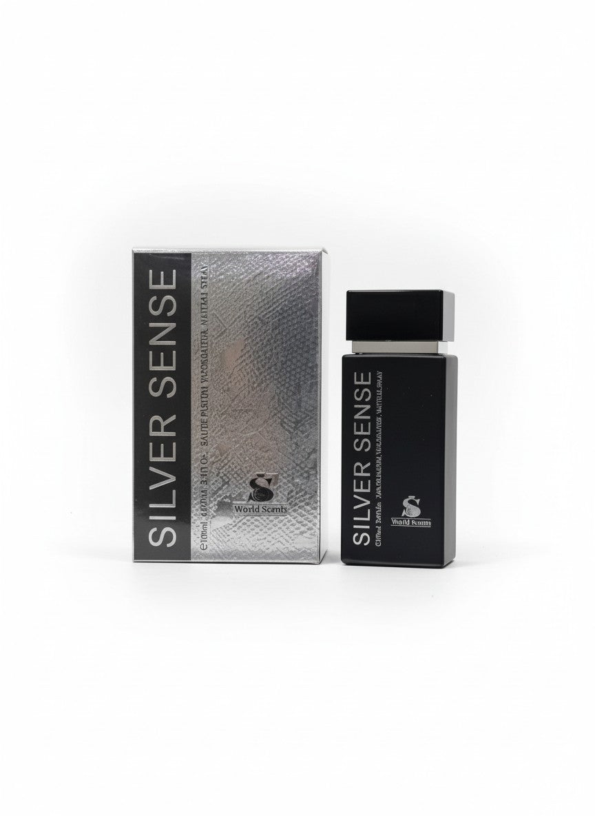Silver Sense perfume bottle and packaging on a white background. World Scents, Monza Outlet, Monza Fashion, Shein Outlet 