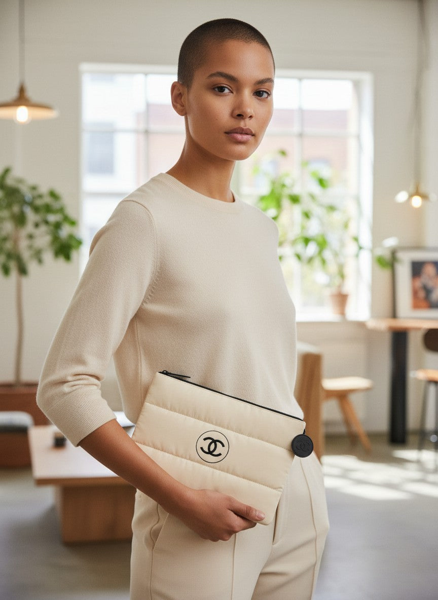 Woman holding a white quilted handbag with a brand logo in a bright room. Chanel, Monza Outlet, Monza Fashion, Shein Outlet 