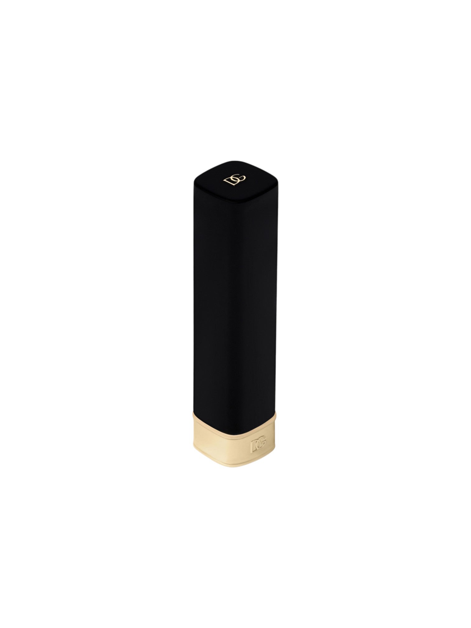 A sleek, black cylindrical cosmetic container with a gold metallic base and a small gold monogram logo on the top, set against a solid white background. Dolce and Gabanna, Monza Outlet, Monza Fashion, Shein Outlet