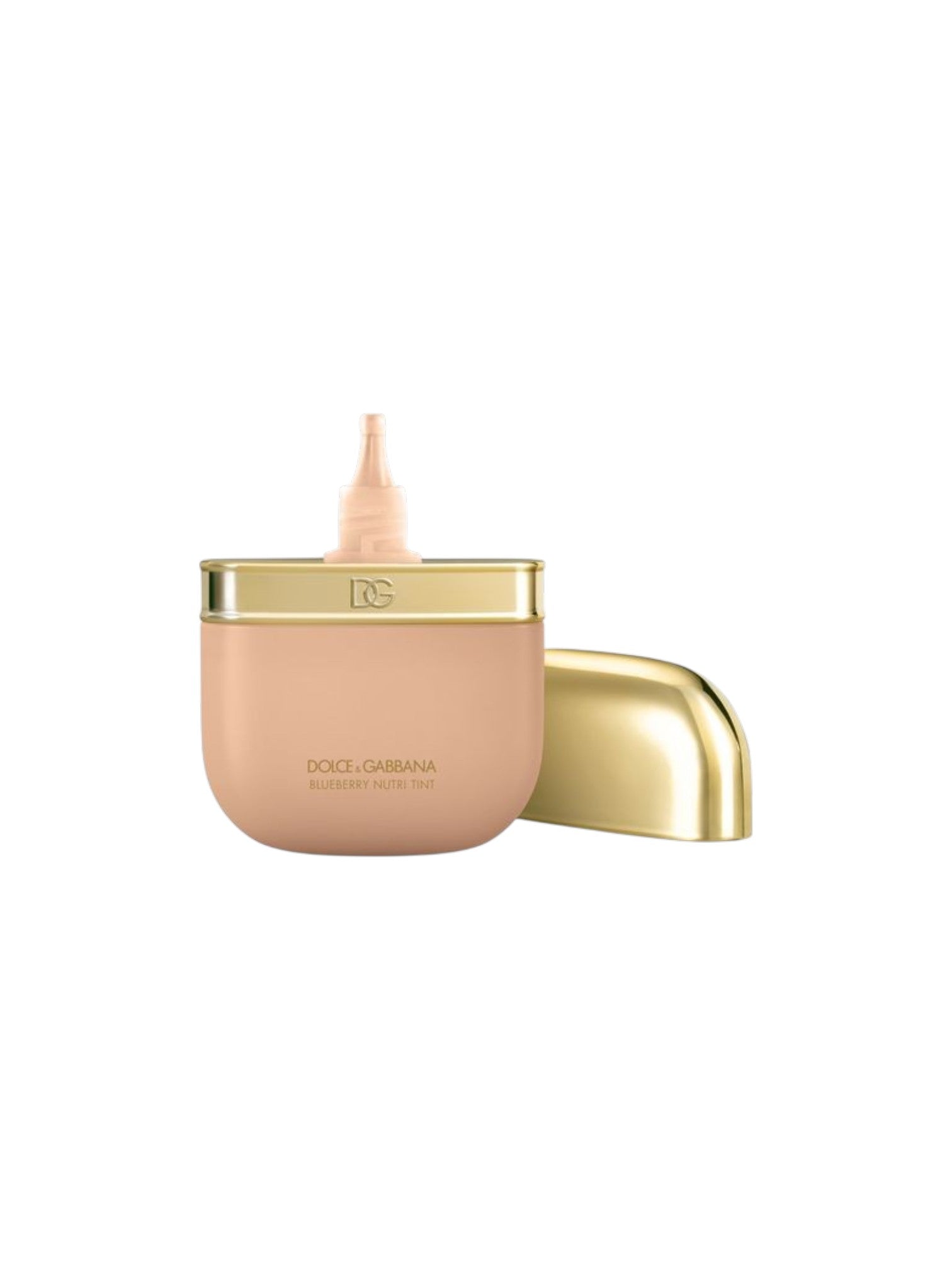 Diorissimo Rose foundation makeup bottle in a soft peach-beige shade with metallic gold accents and a matching gold cap, shown on a plain white background. Dolce & Gabbana, Monza Outlet, Monza Fashion, Shein Outlet