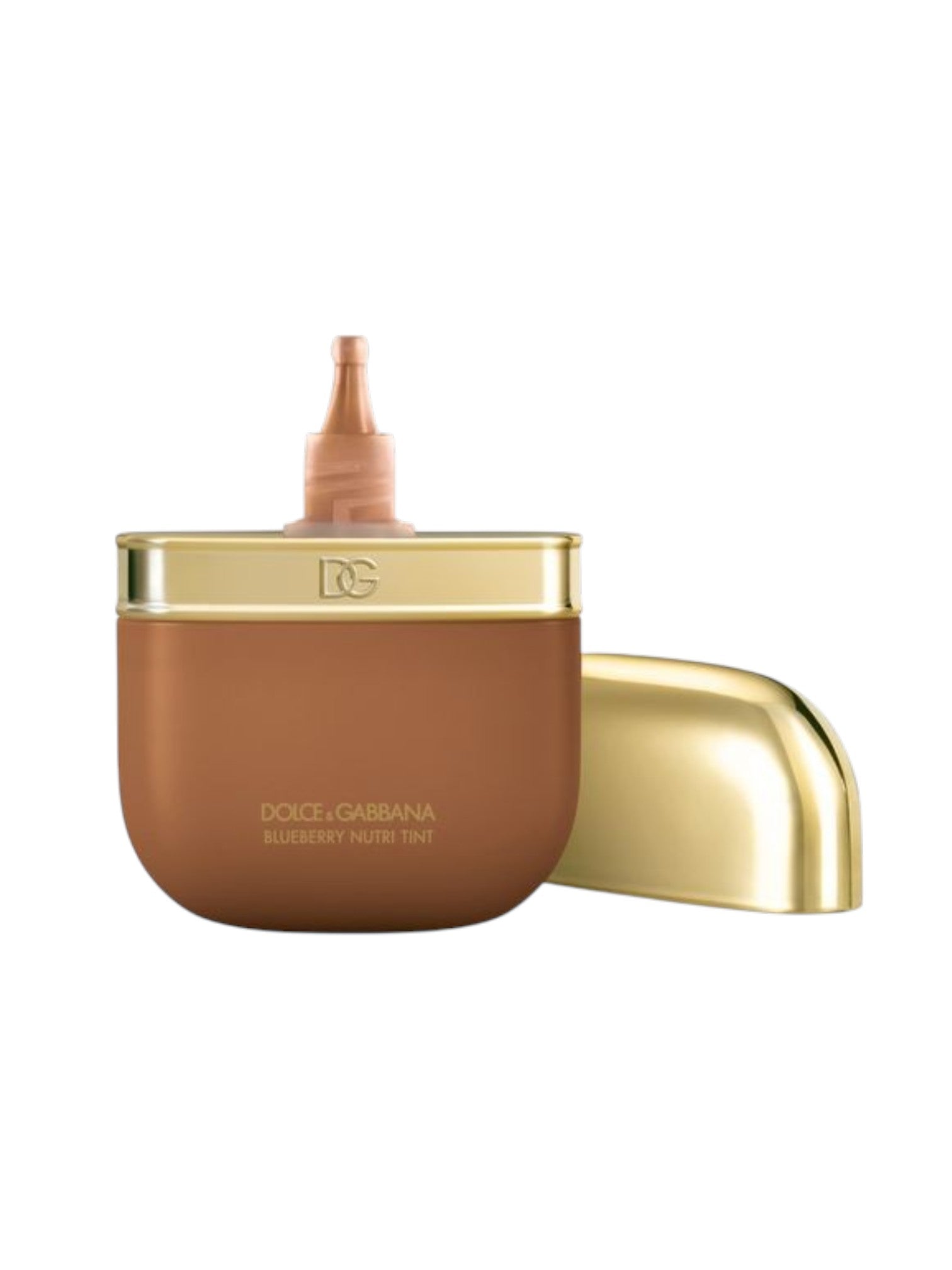 Dolce & Gabbana Blushy Nutri Tint in a matte brown jar with a shiny gold cap and applicator tip, shown on a plain white background. Dolce & Gabbana, Monza Outlet, Monza Fashion, Shein Outlet