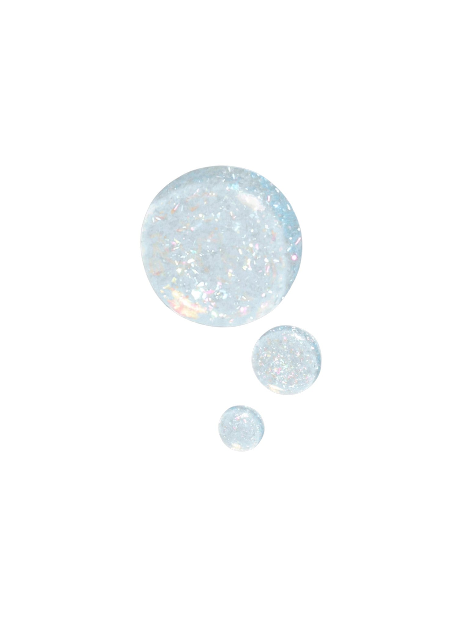 Three iridescent, translucent gel circles in varying sizes on a solid white background. Dolce and Gabanna, Monza Outlet, Monza Fashion, Shein Outlet