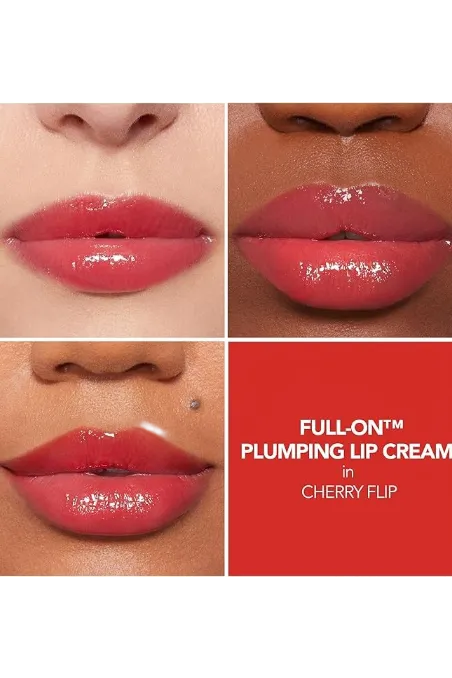 Collage of lips wearing a red lip cream with 'Full-On Plumping Lip Cream in Cherry Flip' text on a red background. 