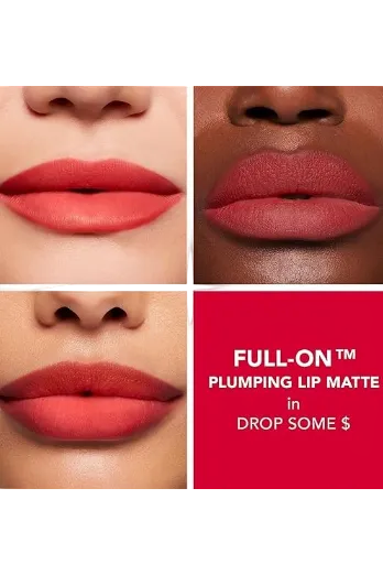 Close-up of lips with a red background and 'FULL-ON Plumping Lip Matte' text. Monza fashion outlet, monza outlet, shein outlet, shien outlet cosmetics, makeup, perfume