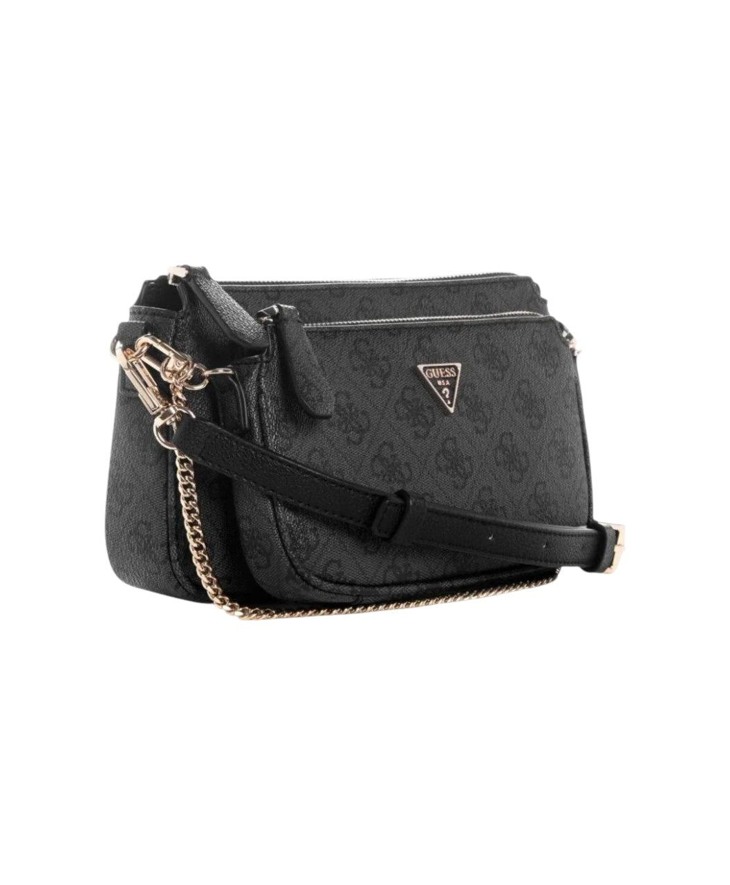 Black handbag with gold chain detail on a white background. Guess, Monza Outlet, Monza Fashion, Shein Outlet