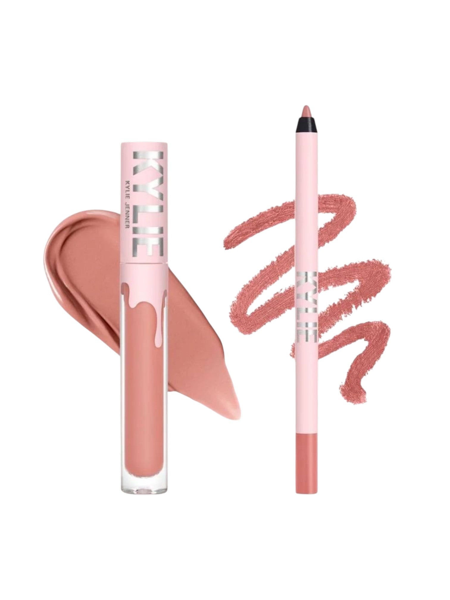 Lip gloss and lip liner with pink shade on a white background. Kylie Cosmetics, Monza Outlet, Monza Fashion, Shein Outlet