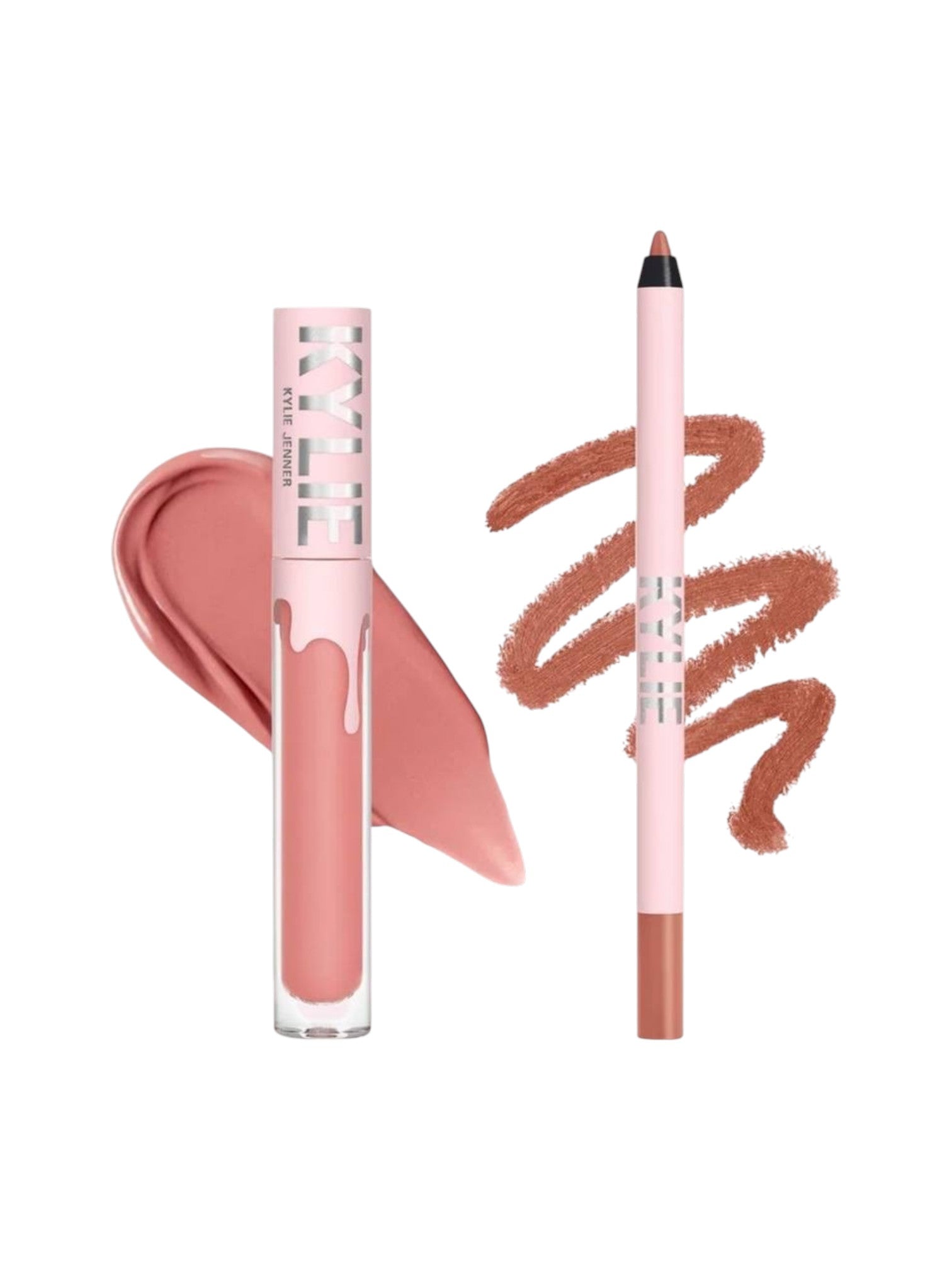 Lip gloss and lip liner with swatches on a white background. Kylie Cosmetics, Monza Outlet, Monza Fashion, Shein Outlet
