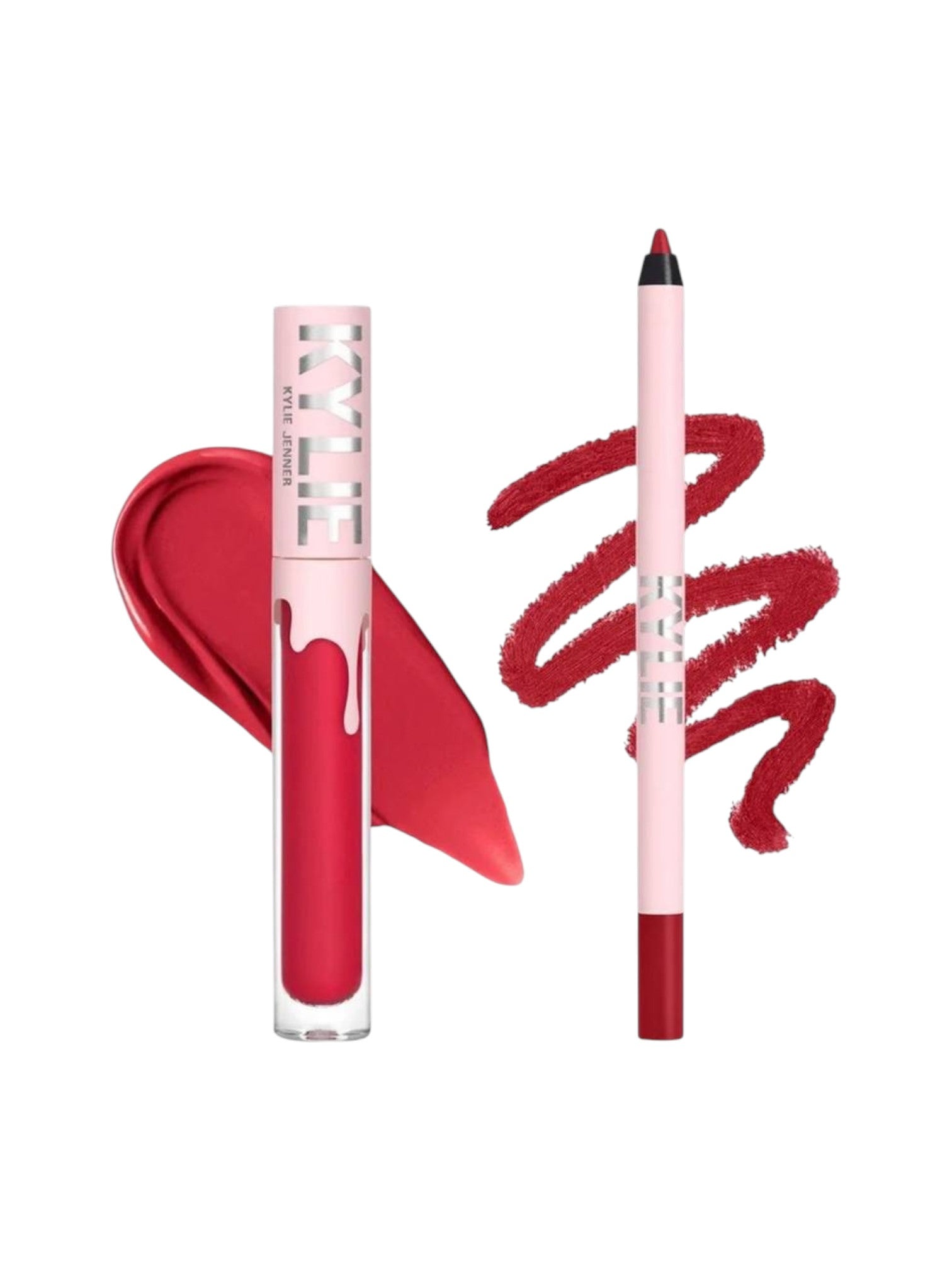 Red lipstick and lip liner with swatches on a white background. Kylie Cosmetics, Monza Outlet, Monza Fashion, Shein Outlet