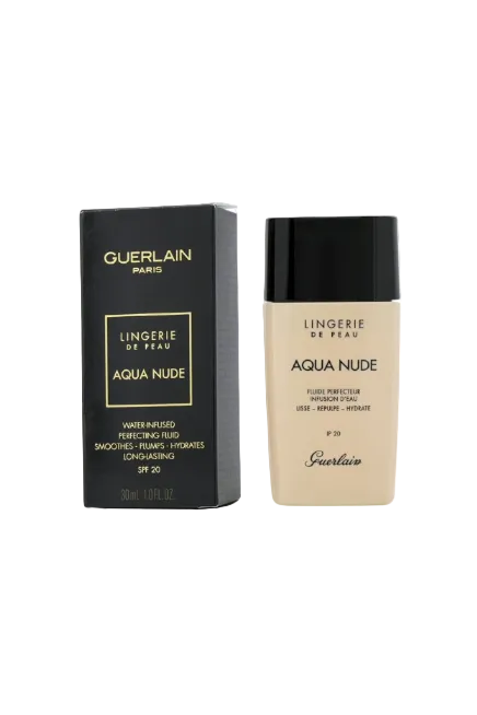 Guerlain Aqua Nude foundation bottle and packaging on a white background. Monza Outlet