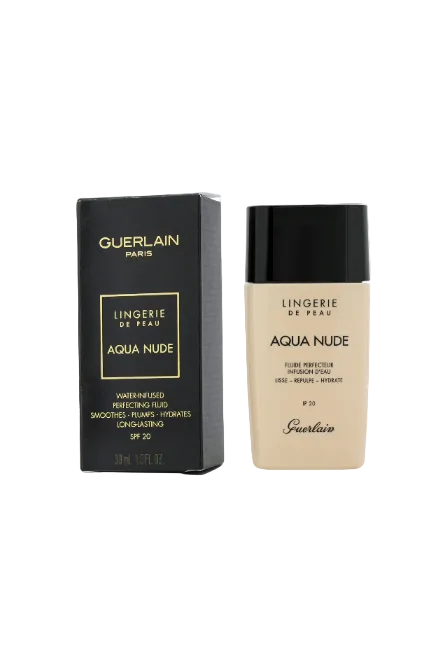 Guerlain Lingerie de Peau Aqua Nude foundation bottle and packaging on a white background. Monza Outlet