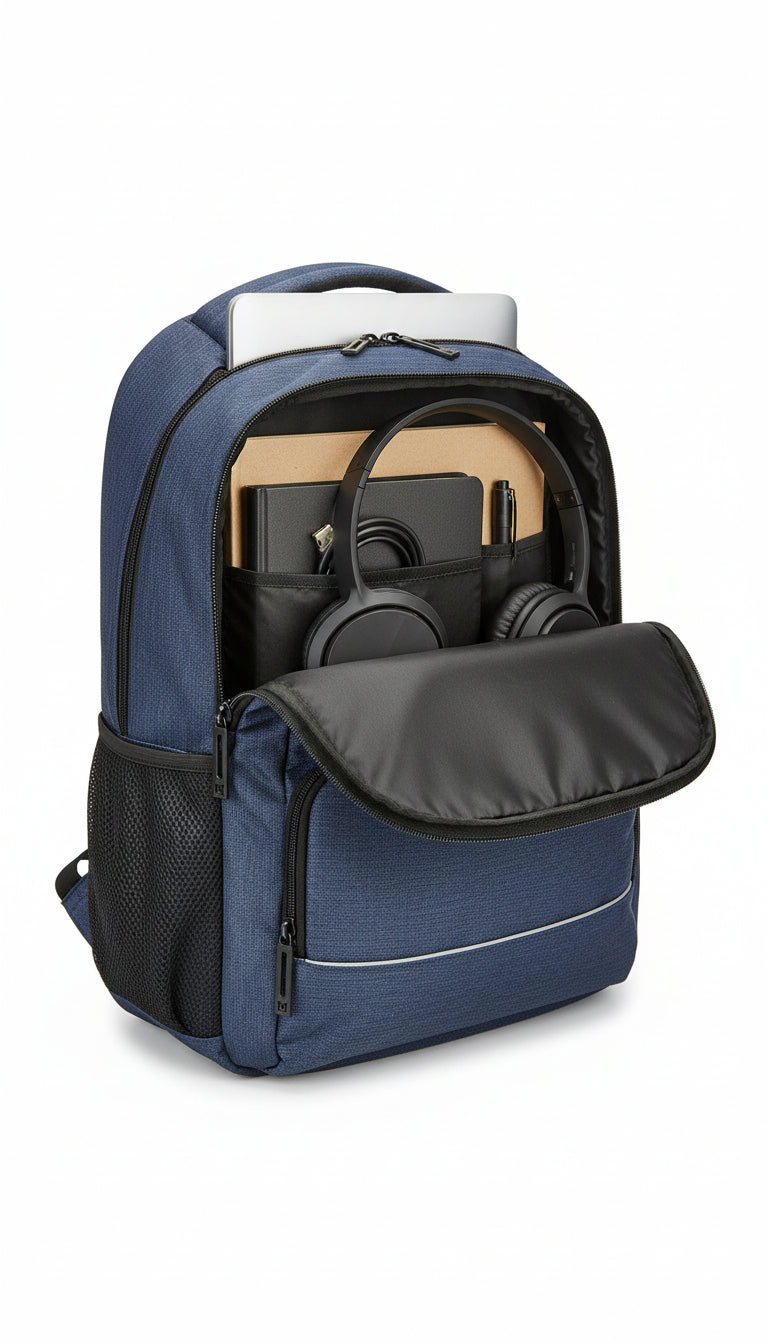 Blue backpack with open front pocket showing electronic devices on a white background. Monza Italy, Monza Outlet, Monza Fashion, Shein Outlet