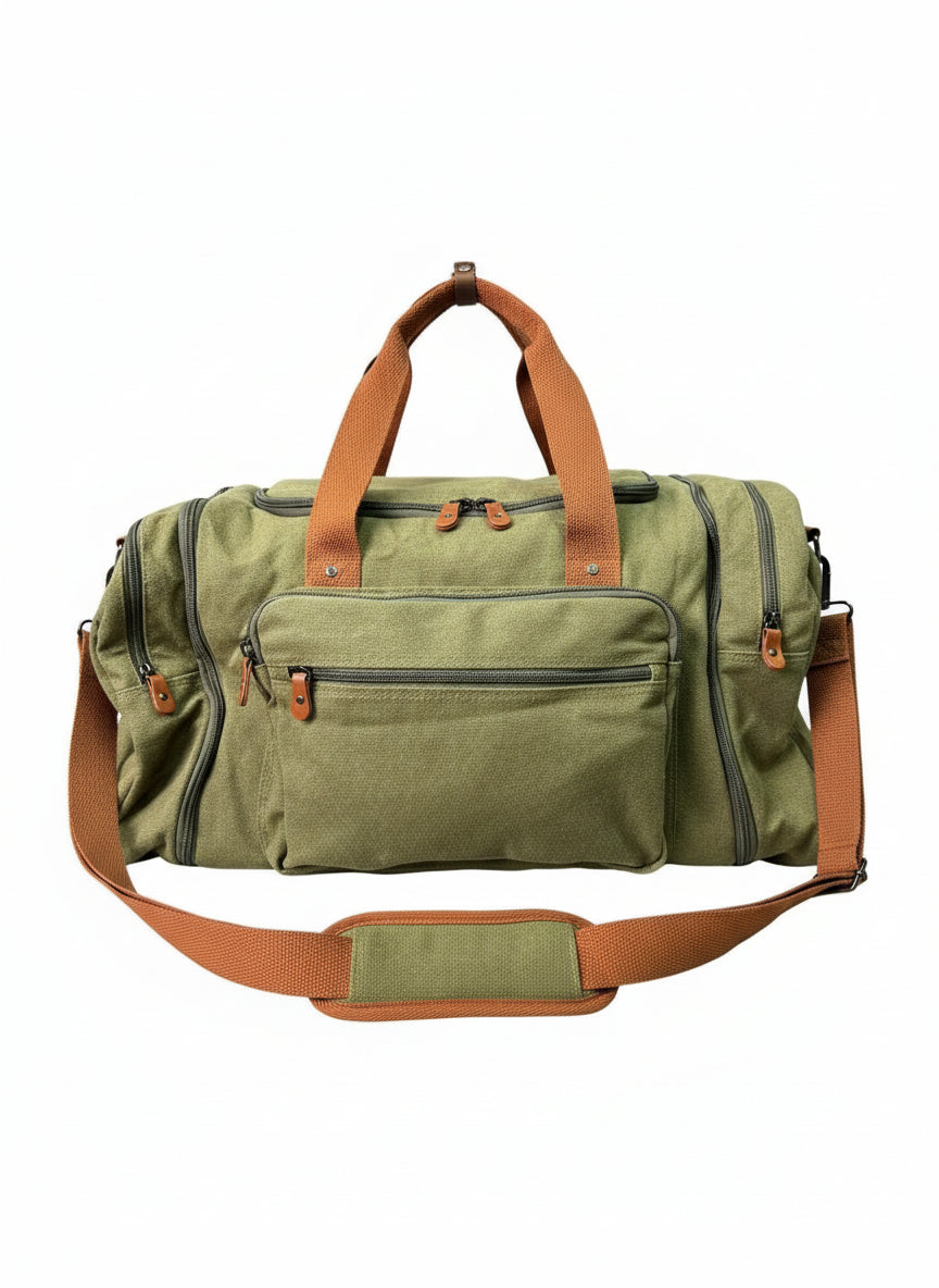 Green duffel bag with brown straps on a white background. Monza Italy, Monza Outlet, Monza Fashion, Shein Outlet