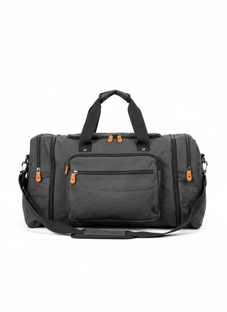 Gray duffel bag with black handle and orange zippers on a white background. Monza Italy, Monza Outlet, Monza Fashion, Shein Outlet