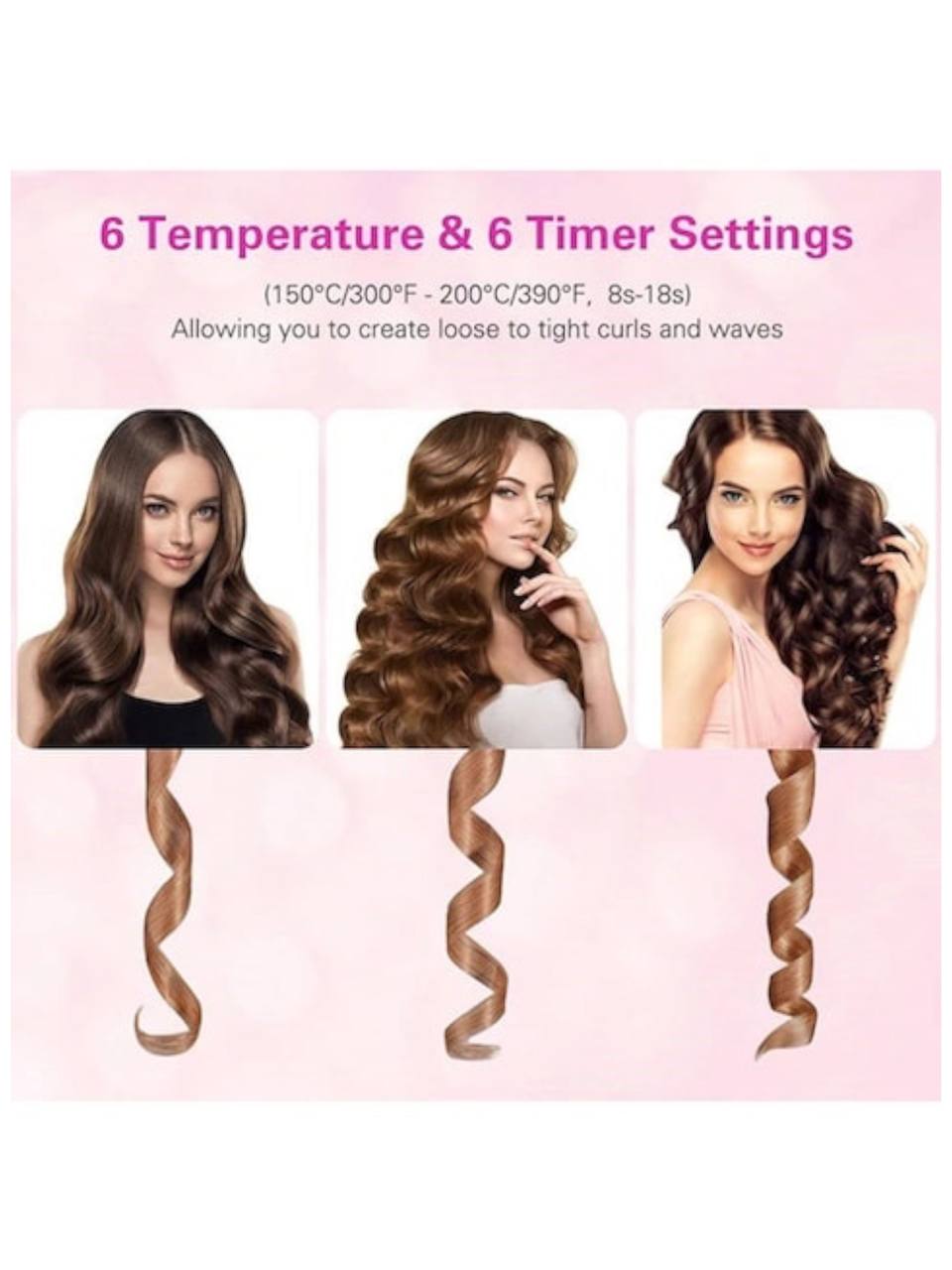 Advertisement for hair styling product with three women showing different hairstyles and text about temperature and timer settings. José Eprah, Monza Outlet, Monza Fashion, Shein Outlet