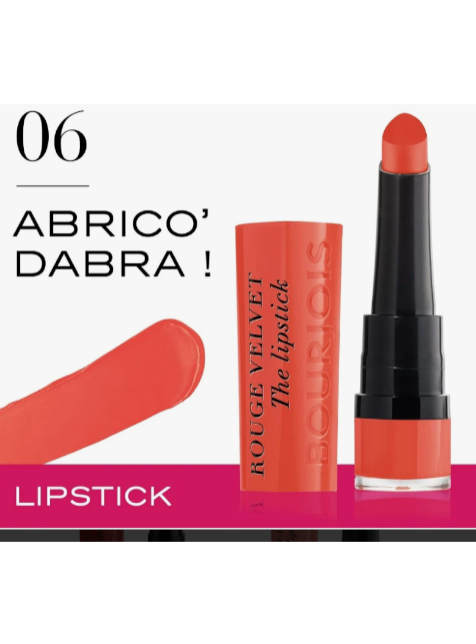Lipstick with packaging labeled 06 Abrico Dabra on a white background. Bourjois Monza Outlet