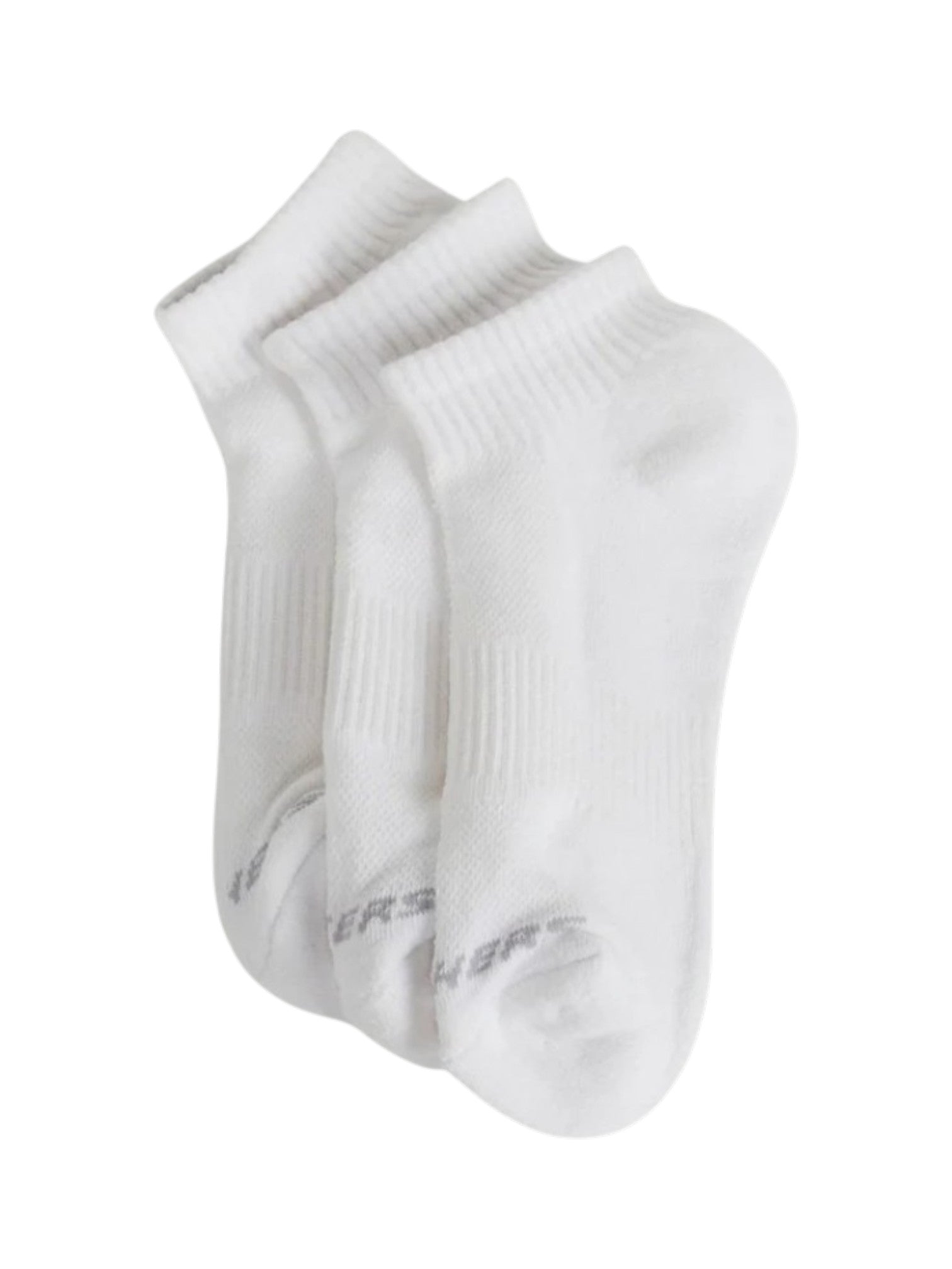 Two pairs of white socks with a brand logo on a white background. Skechers, Monza Outlet, Monza Fashion, Shein Outlet