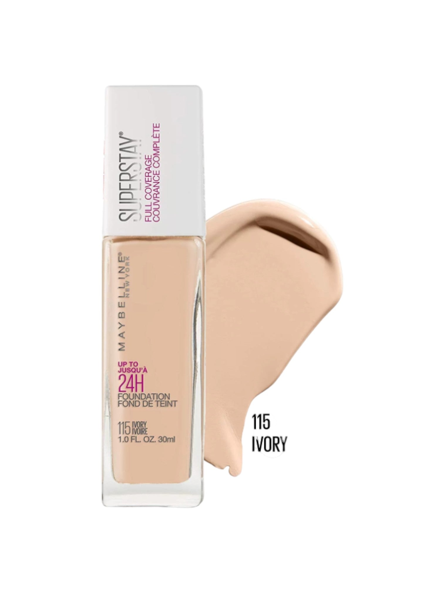 Maybelline SuperStay foundation bottle with a swatch on a white background monza outlet, Shein outlet, monza fashion