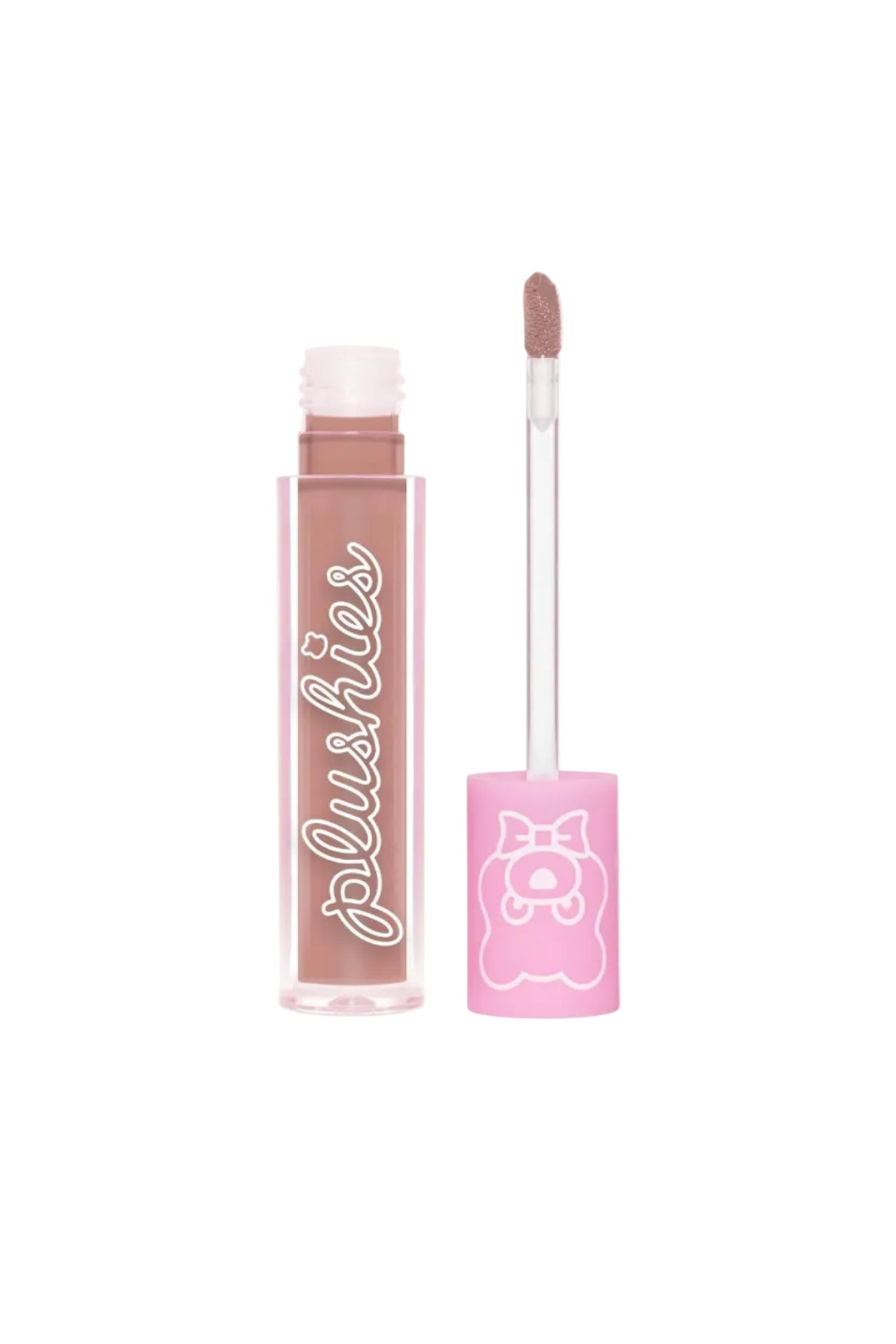 Lip gloss with applicator and 'plushies' branding on a white background Monza fashion outlet, monza outlet, shein outlet, shien outlet cosmetics, makeup, perfume