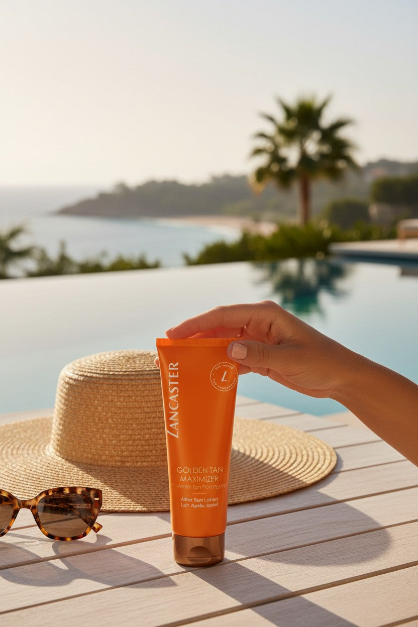 Hand holding a Lancaster sunscreen tube with a pool and palm trees in the background. Lancaster, Monza Outlet, Monza Fashion, Shein Outlet