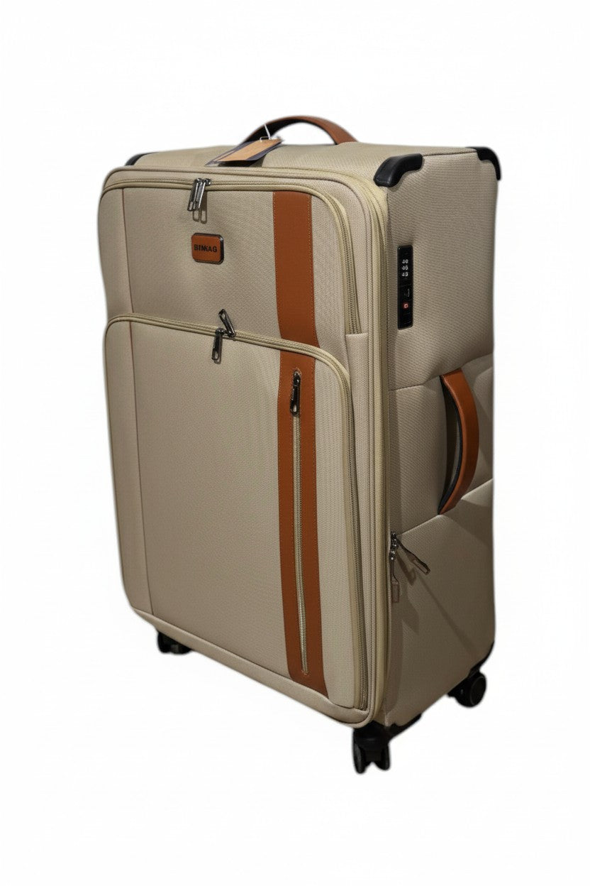 Beige suitcase with brown accents on a white background. Monza Outlet, Monza Fashion, Shein Outlet