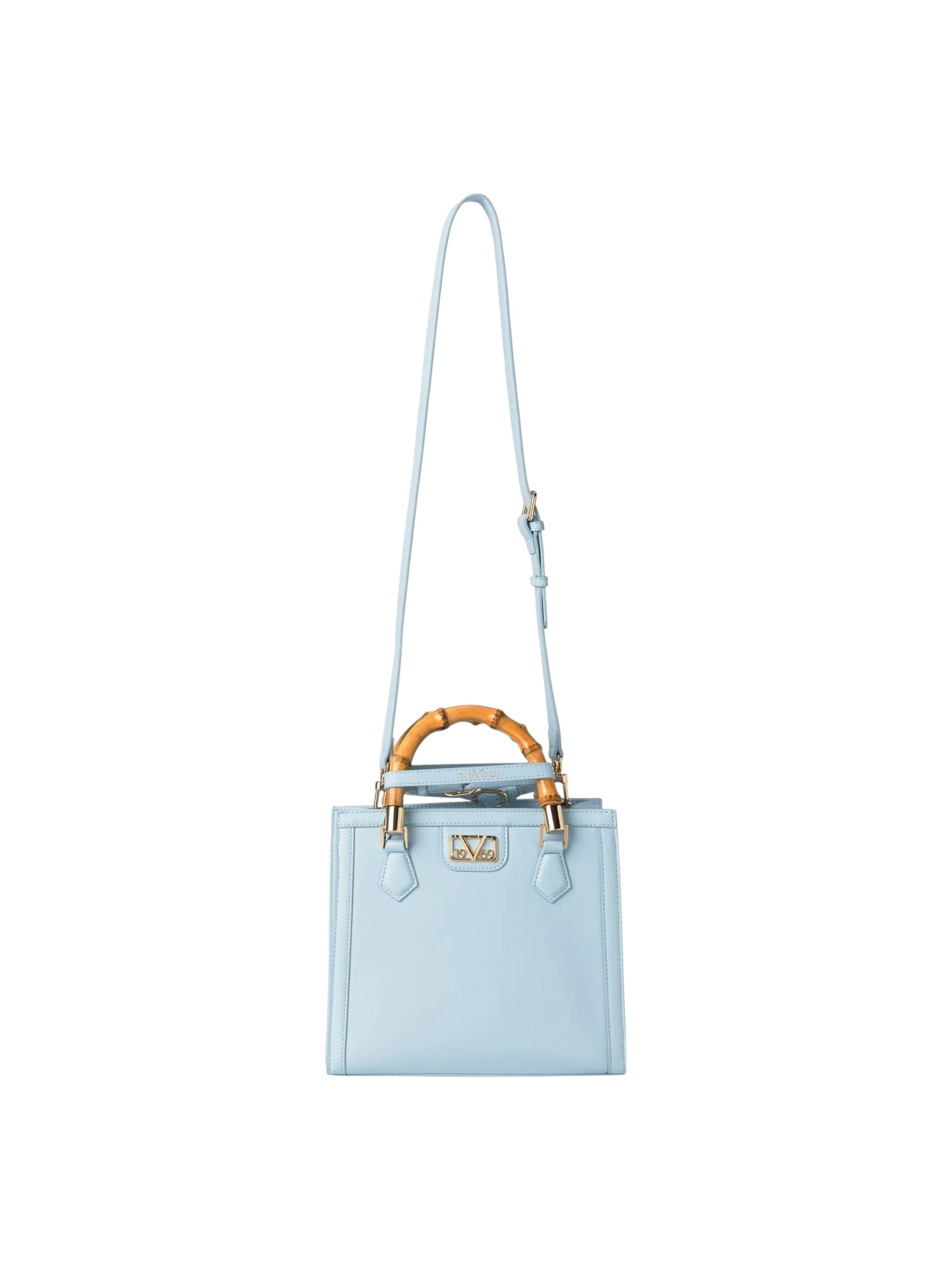 A light blue leather handbag with a bamboo handle and a gold tone metal clasp, shown against a plain white background. 19v69 Italia, Monza Outlet, Monza Fashion, Shein Outlet