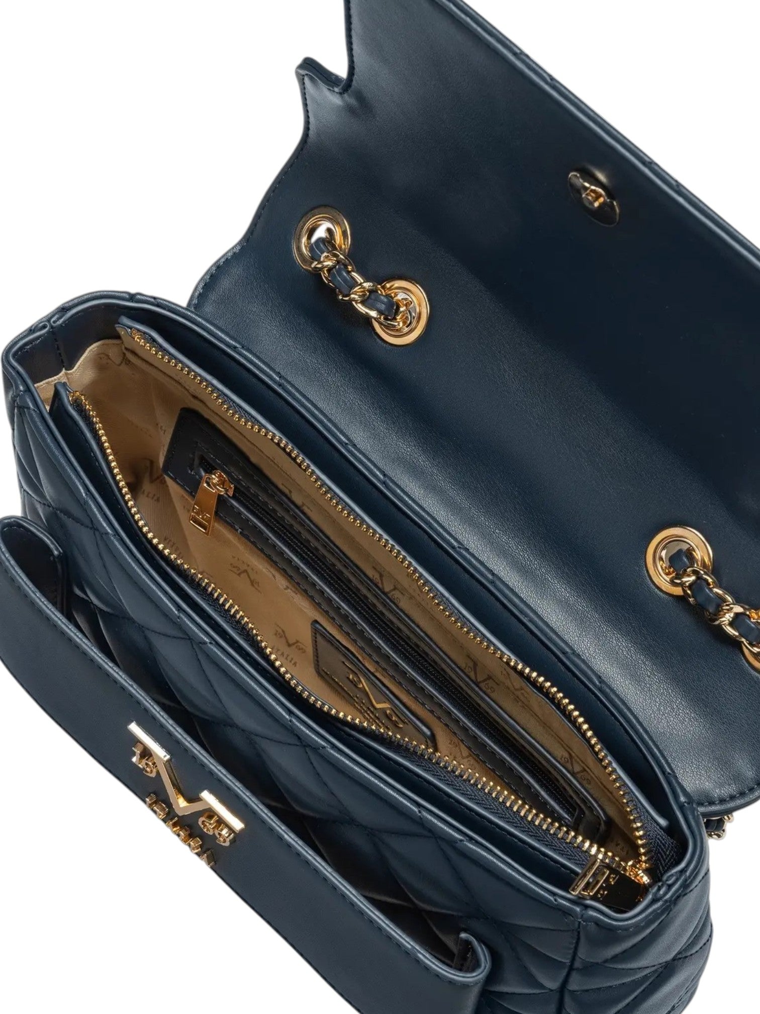 Close up of a navy blue quilted leather handbag shown open, revealing a tan interior with card slots and gold-tone hardware. 19V69 Italia, Monza Outlet, Monza Fashion, Shein Outlet