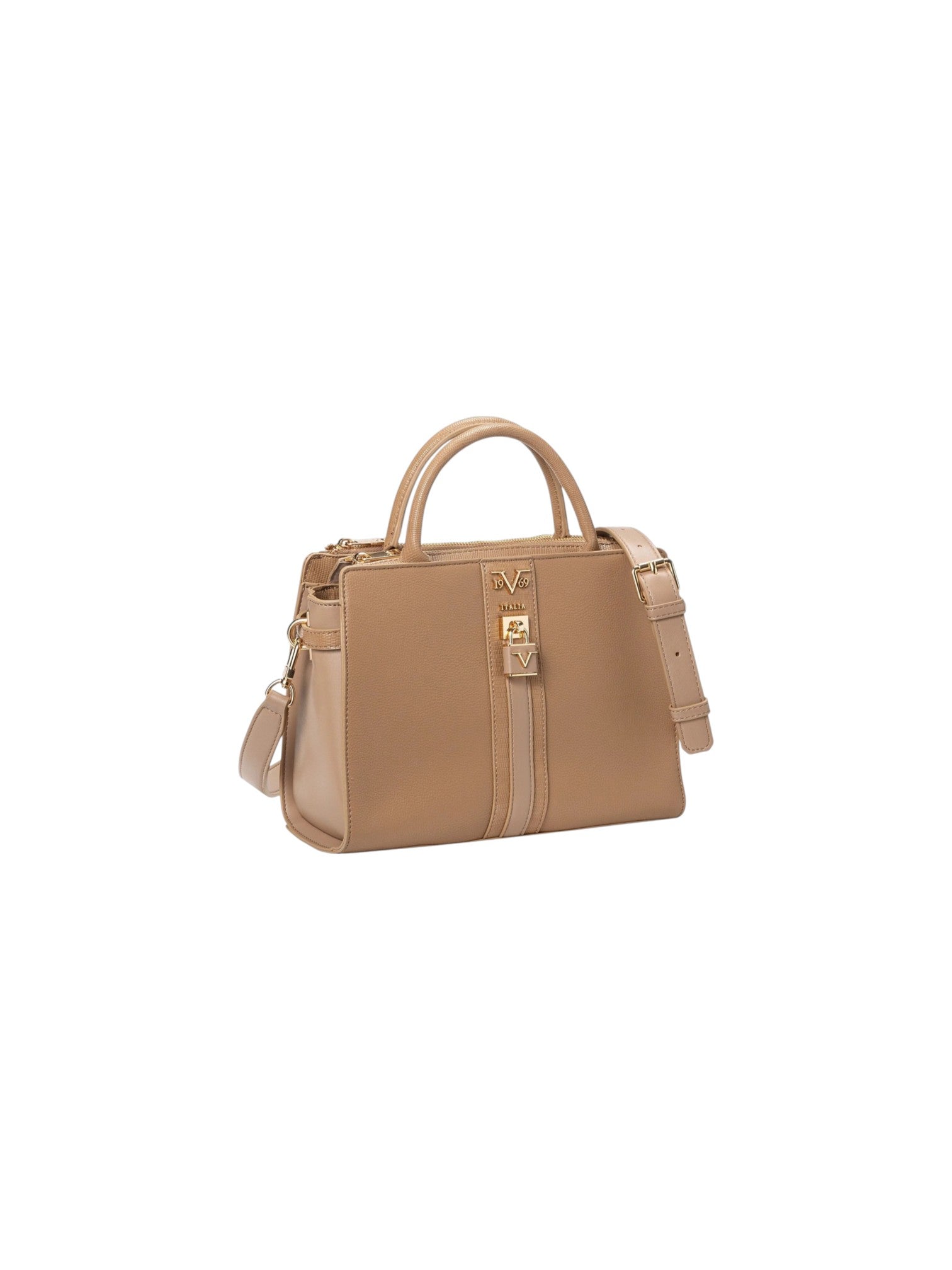 A structured tan leather handbag with dual top handles, a front strap detail with a gold tone clasp, and a detachable shoulder strap, shown on a plain white background. 19V69 Italia, Monza Outlet, Monza Fashion, Shein Outlet