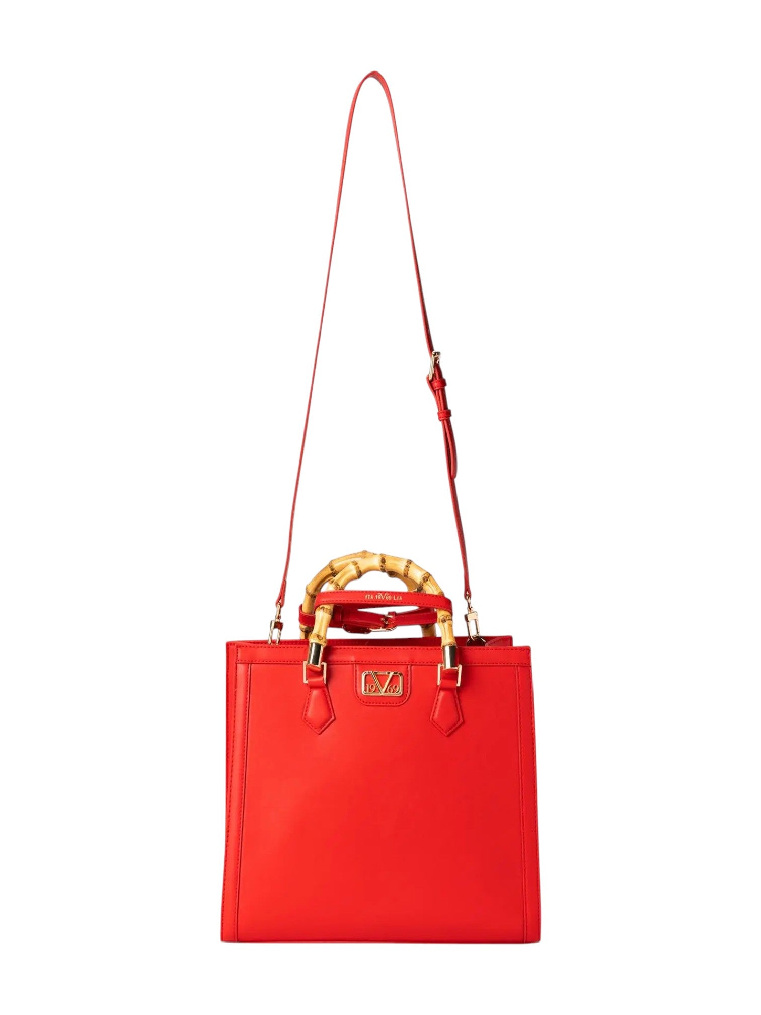 A red leather tote bag with a gold tone metal V logo plaque on the front, a gold-toned bamboo handle, and a long red shoulder strap, shown against a plain white background. 19v69 Italia, Monza Outlet, Monza Fashion, Shein Outlet