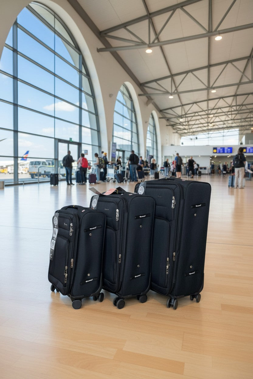 Black suitcases on wheels arranged in an airport terminal. Monza Outlet, Monza Fashion, Shein Outlet
