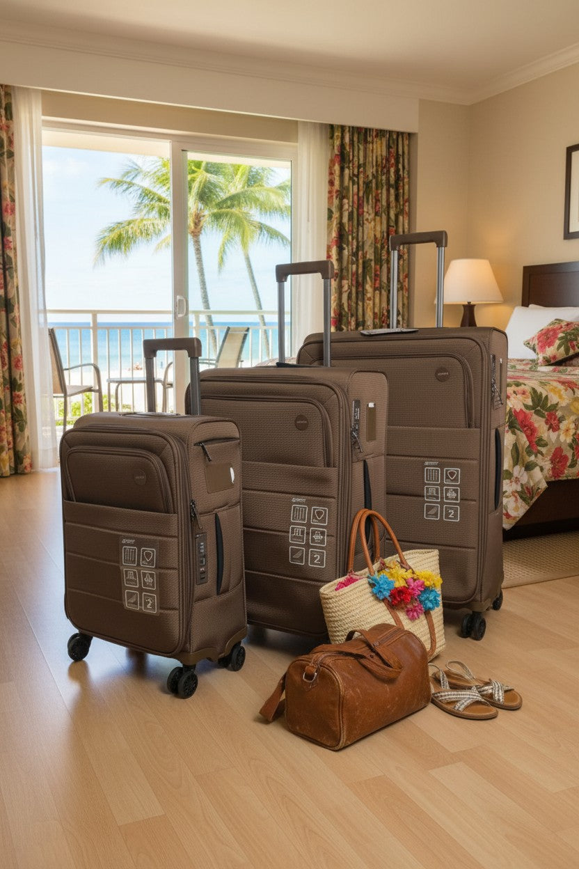 Set of brown suitcases in a bedroom with a view of palm trees and ocean. Monza Outlet, Monza Fashion, Shein Outlet