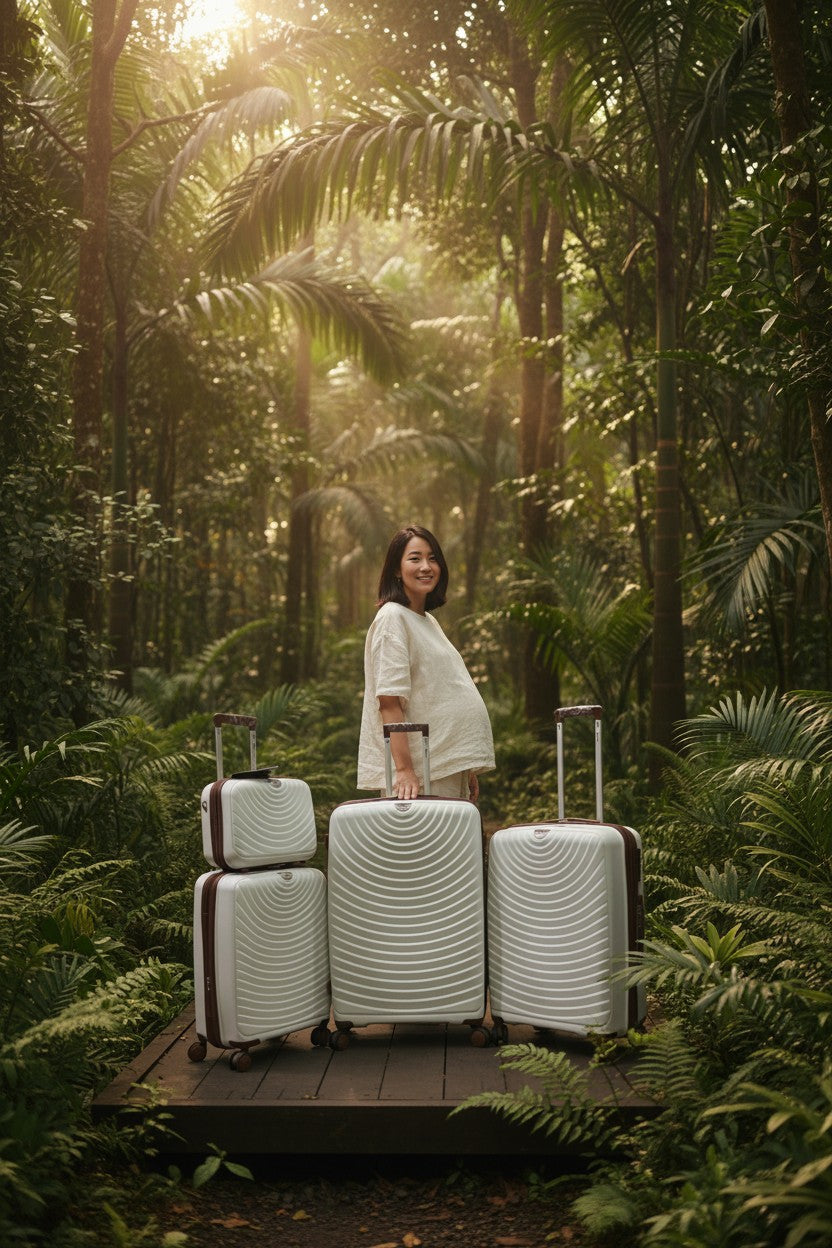 Woman standing with three white suitcases in a tropical forest. Monza Outlet, Monza Fashion, Shein Outlet