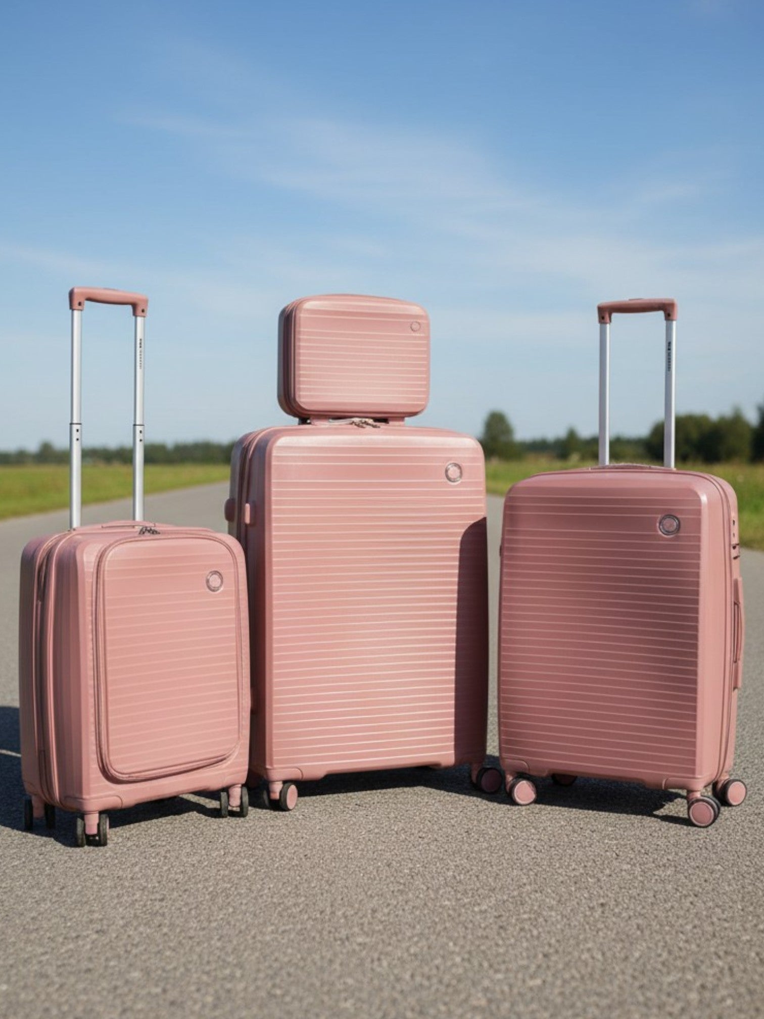 Set of three pink suitcases on a road with a clear sky. Monza Outlet, Monza Fashion, Shein Outlet