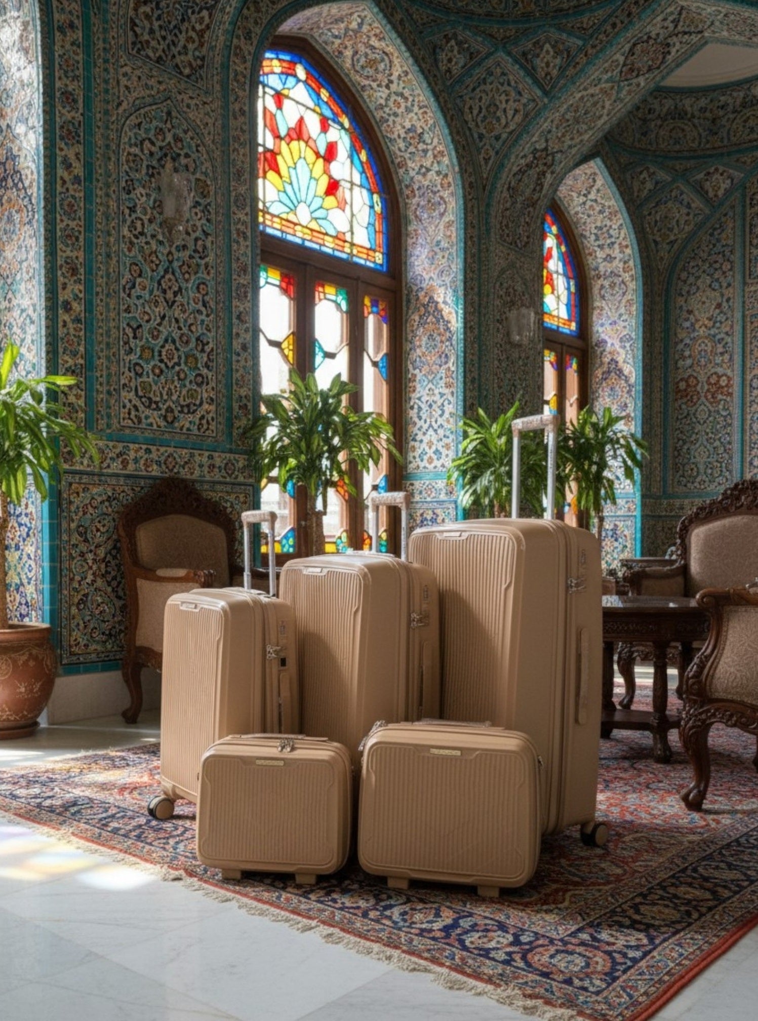 Set of beige suitcases in a room with ornate decor and stained glass windows. Monza Outlet, Monza Fashion, Shein Outlet