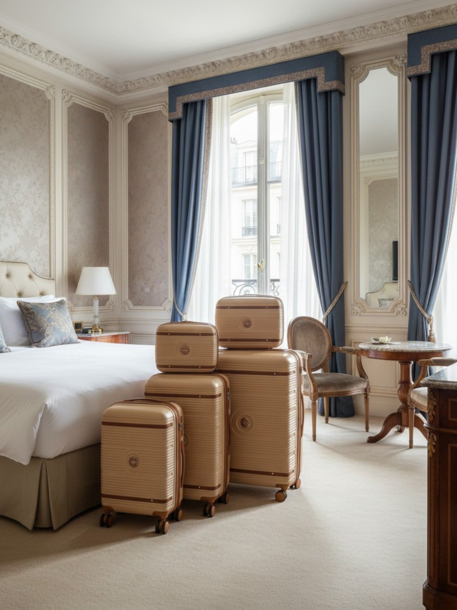 Stack of suitcases in a luxurious bedroom with blue curtains and elegant decor. Monza Outlet, Monza Fashion, Shein Outlet