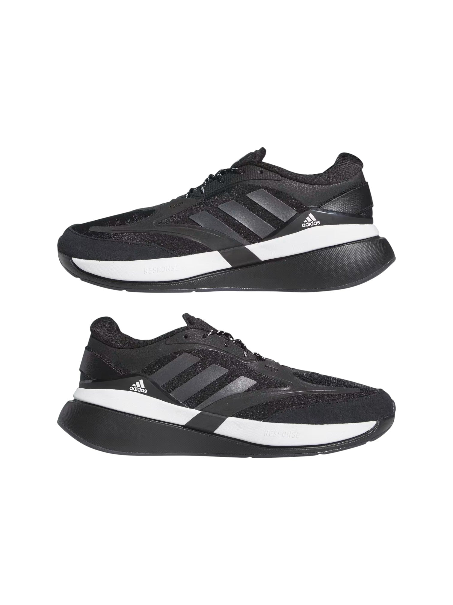 Black Adidas sneakers with white stripes on a white background. Adidas, Monza Outlet, Monza Fashion, Shein Outlet