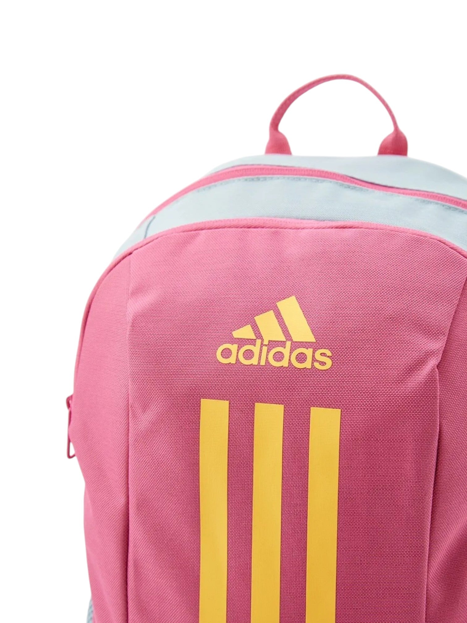 Pink Adidas backpack with three yellow stripes on a white background. Adidas, Monza Outlet, Monza Fashion, Shein Outlet