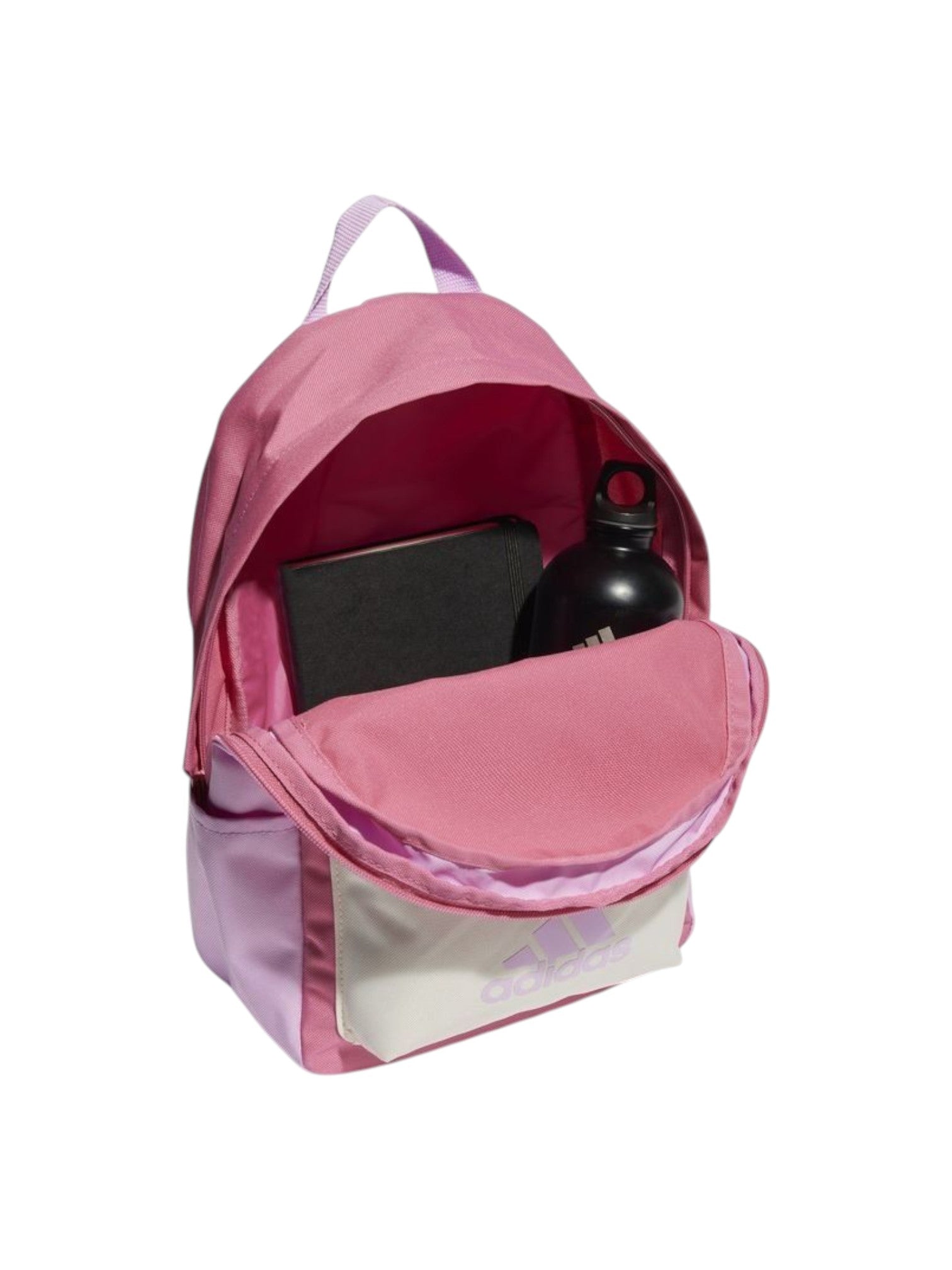 Pink backpack with a laptop and water bottle on a white background. Adidas, Monza Outlet, Monza Fashion, Shein Outlet