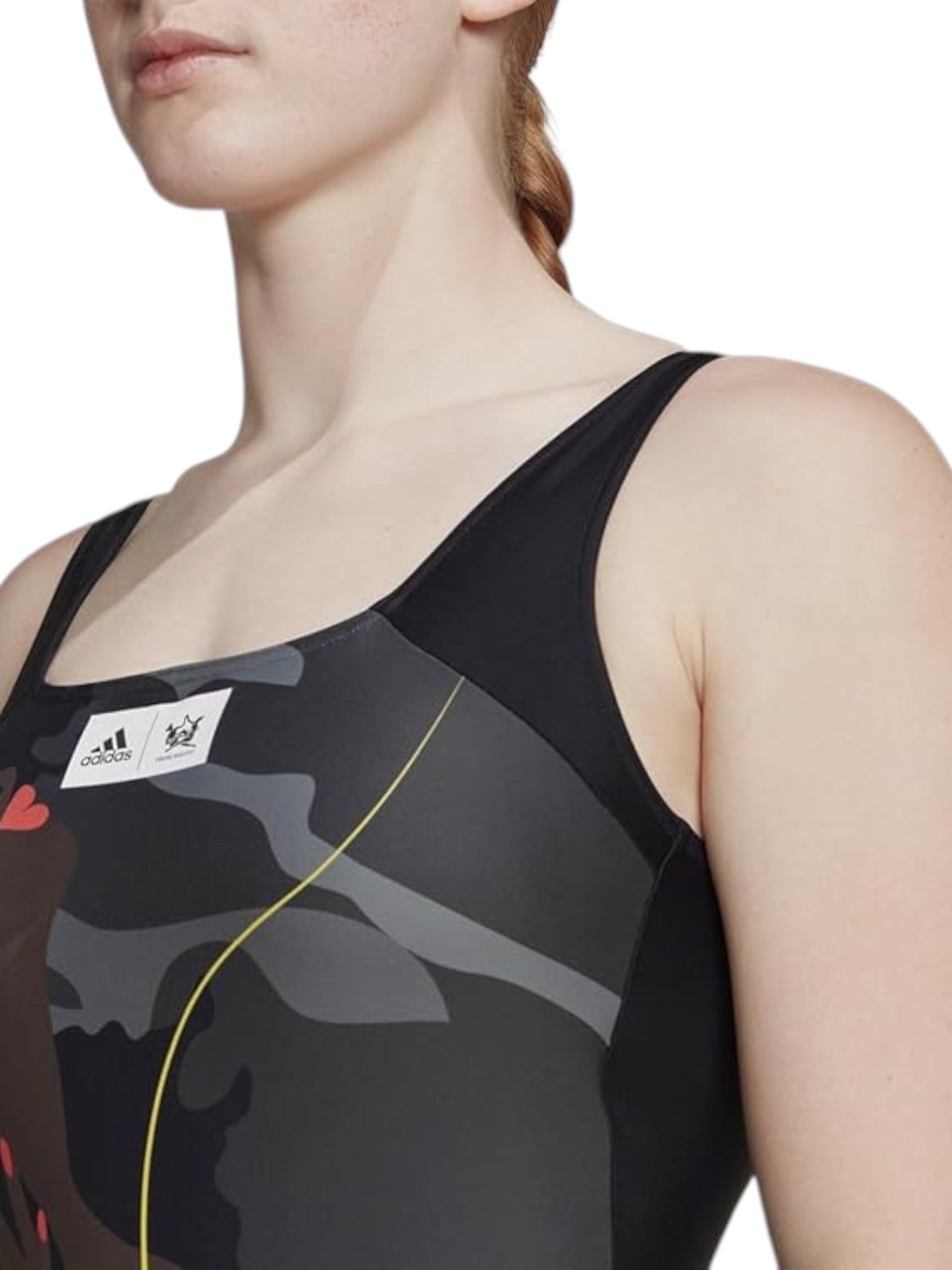 Black swimsuit with camouflage pattern and Adidas logo on a white background. Adidas, Monza Outlet, Monza Fashion, Shein Outlet