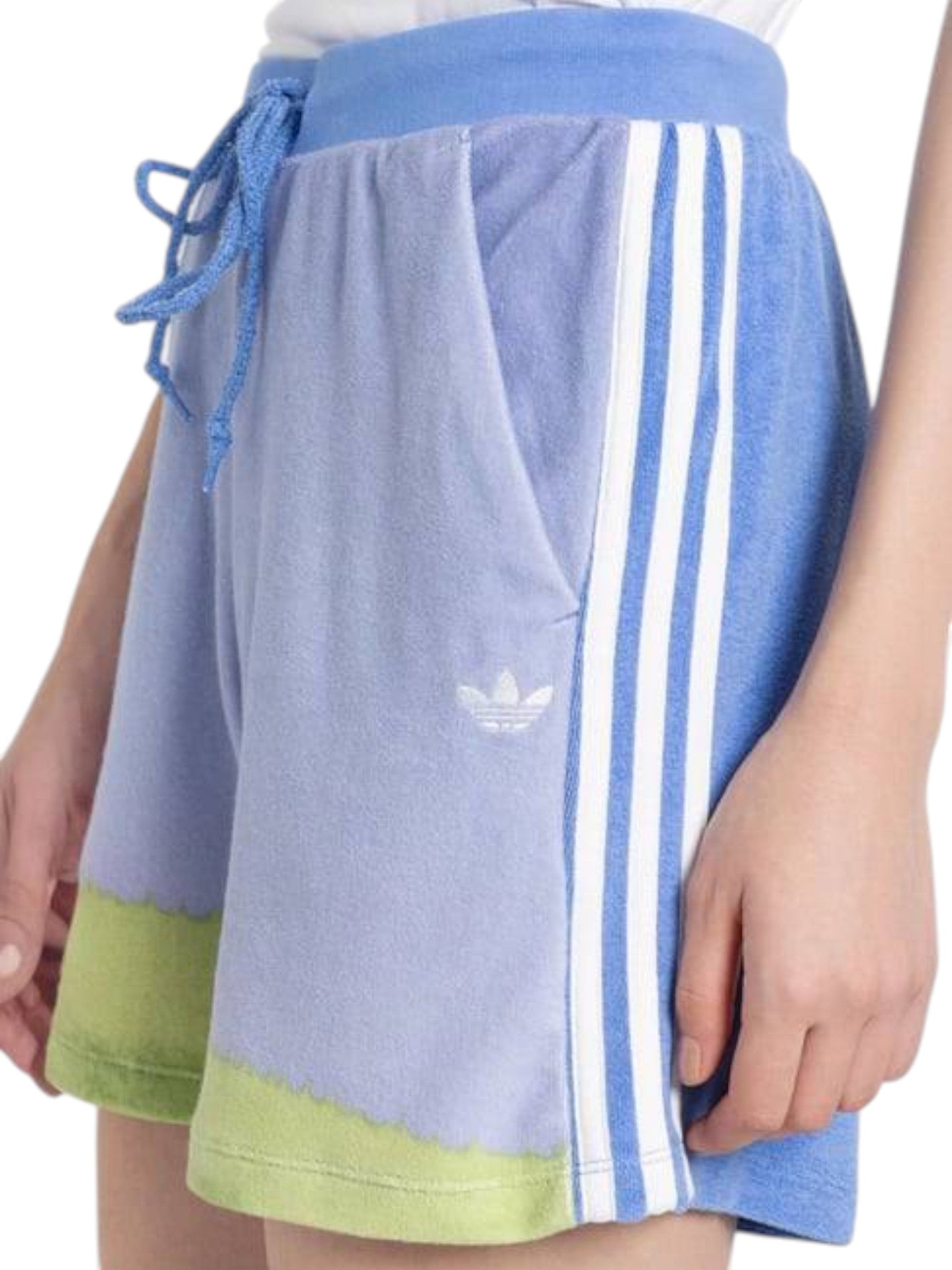 Blue Adidas shorts with white stripes on a white background. Adidas, Monza Outlet, Monza Fashion, Shein Outlet