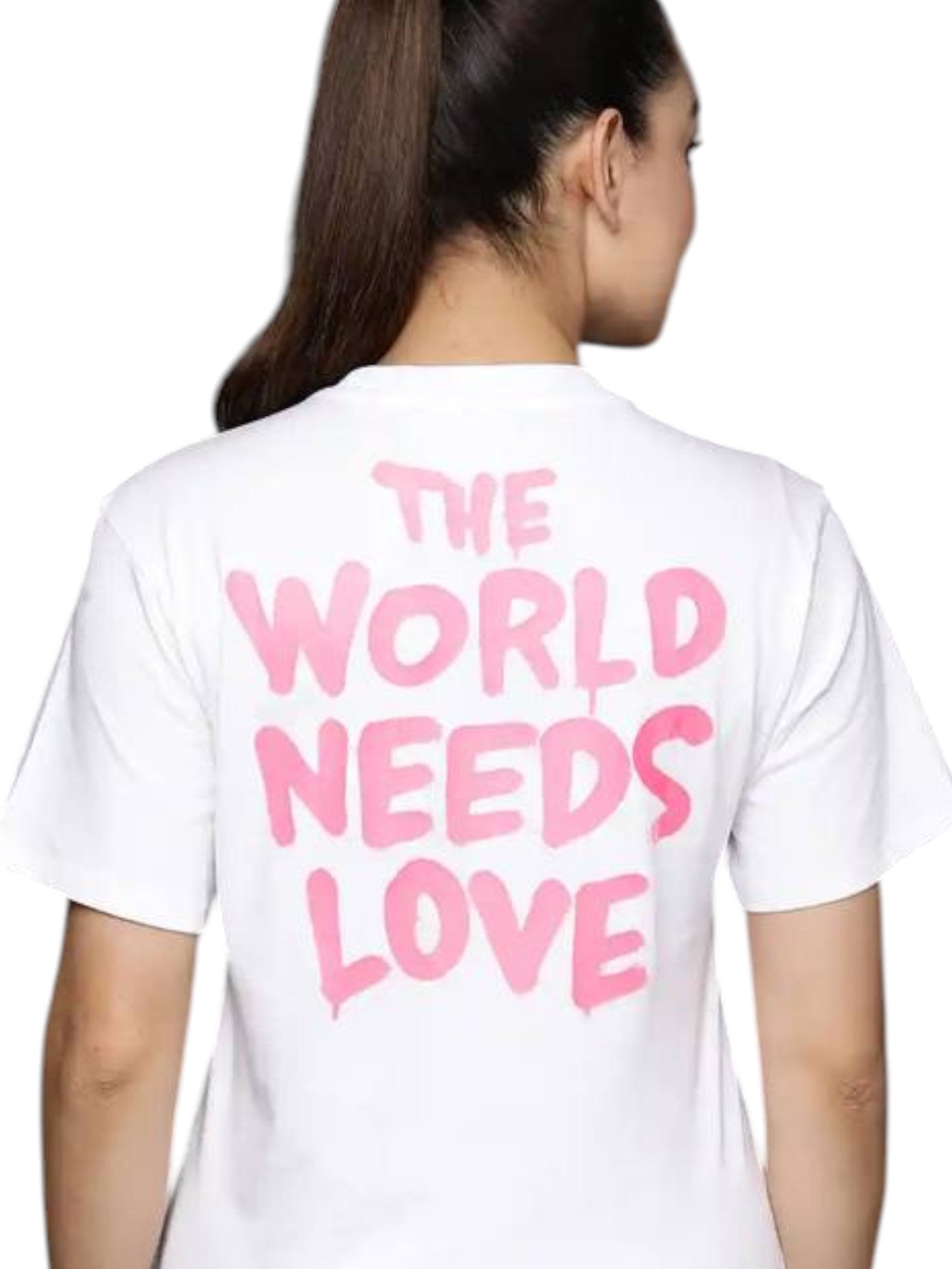 White t-shirt with The World Needs Love printed on the back, worn by a person. Adidas, Monza Outlet, Monza Fashion, Shein Outlet