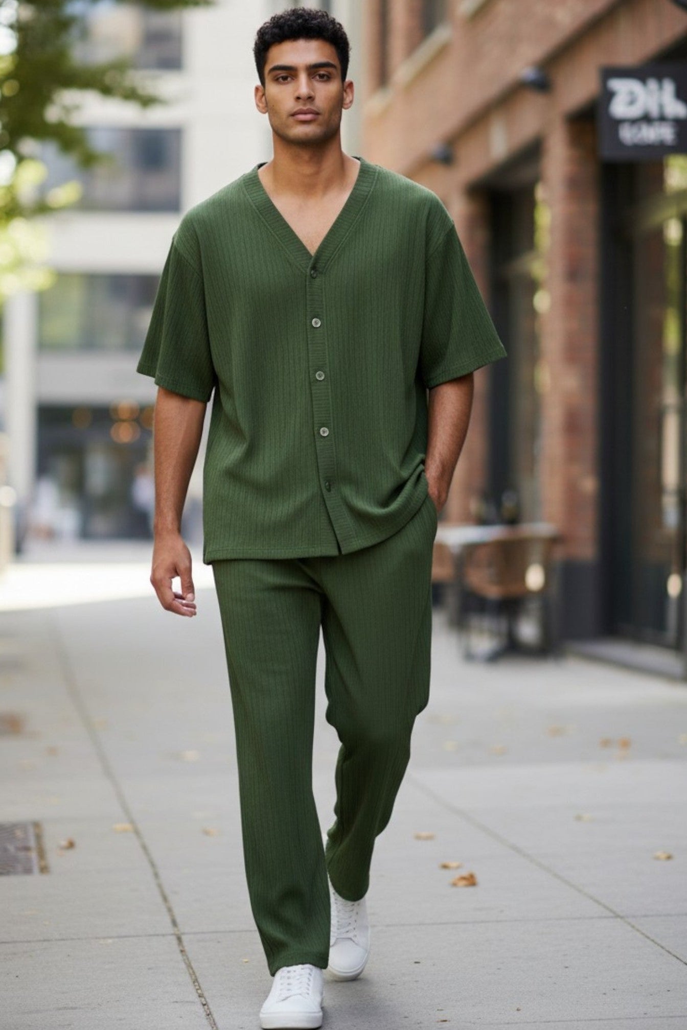 Man wearing a green outfit walking on a sidewalk with a blurred urban background. Antler, Monza Outlet, Monza Fashion, Shein Outlet