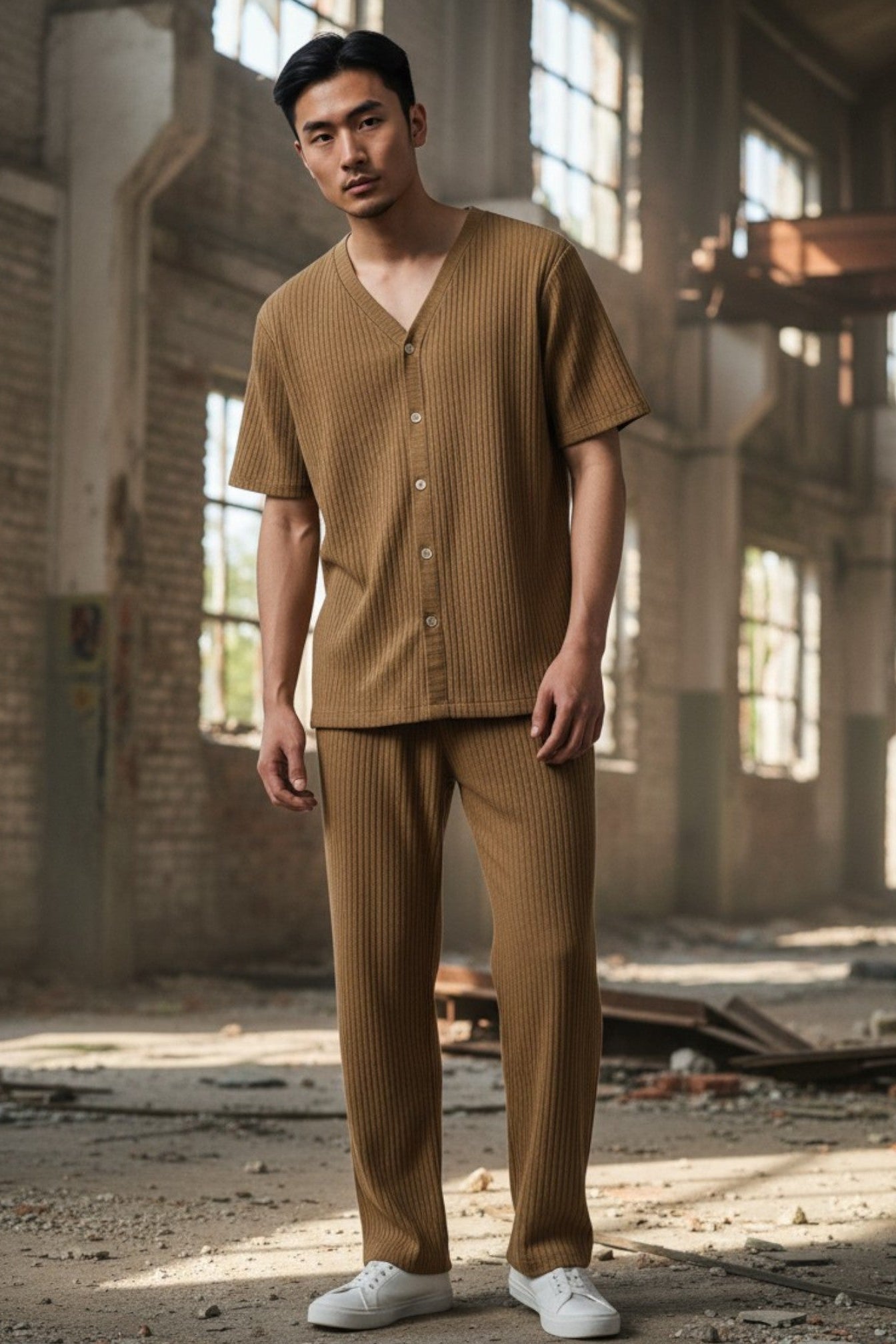 Man wearing a brown outfit in an industrial setting. Antler, Monza Outlet, Monza Fashion, Shein Outlet