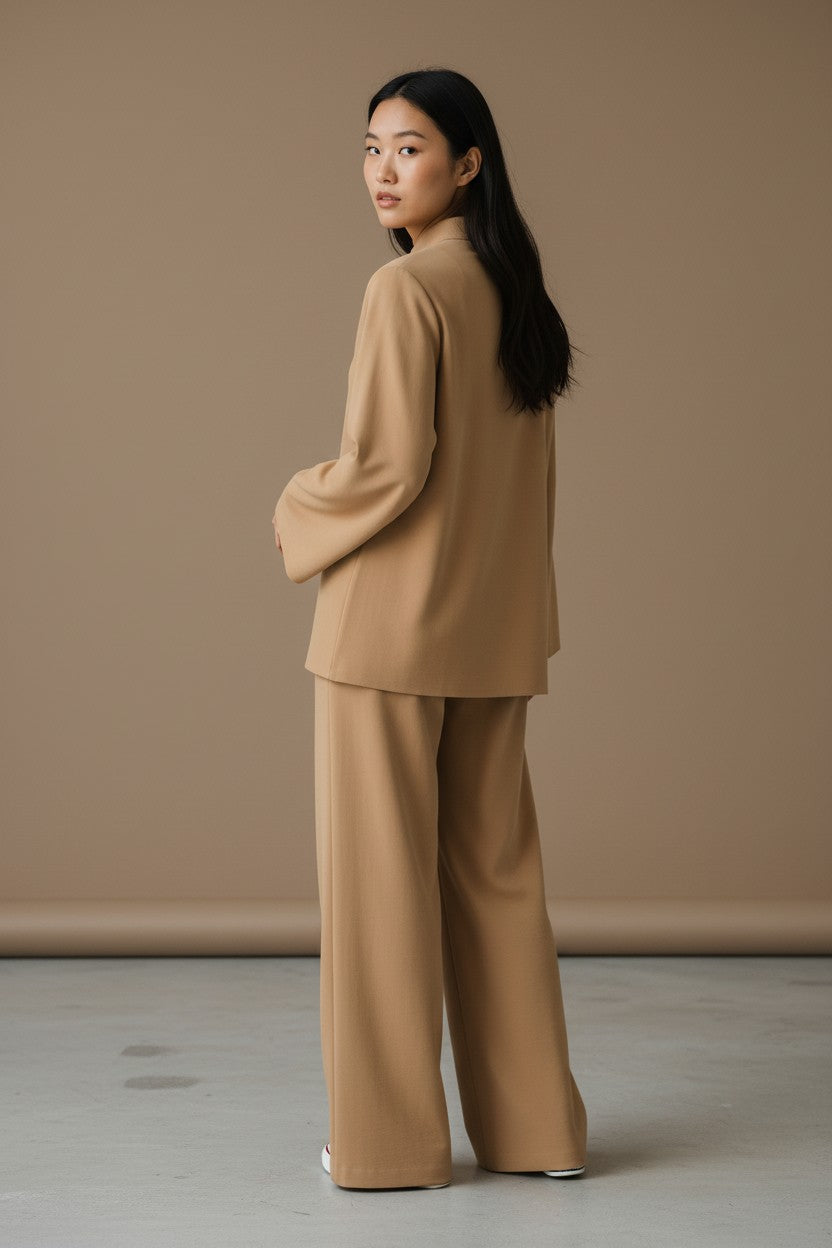 Woman wearing a beige suit standing against a plain background. Antler, Monza Outlet, Monza Fashion, Shein Outlet