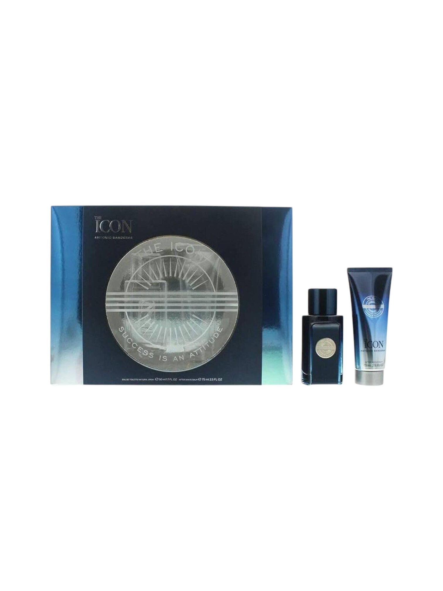 Men's perfume set with a large gift box featuring ICON branding on a white background. Antonio Banderas, Monza Outlet, Monza Fashion, Shein Outlet