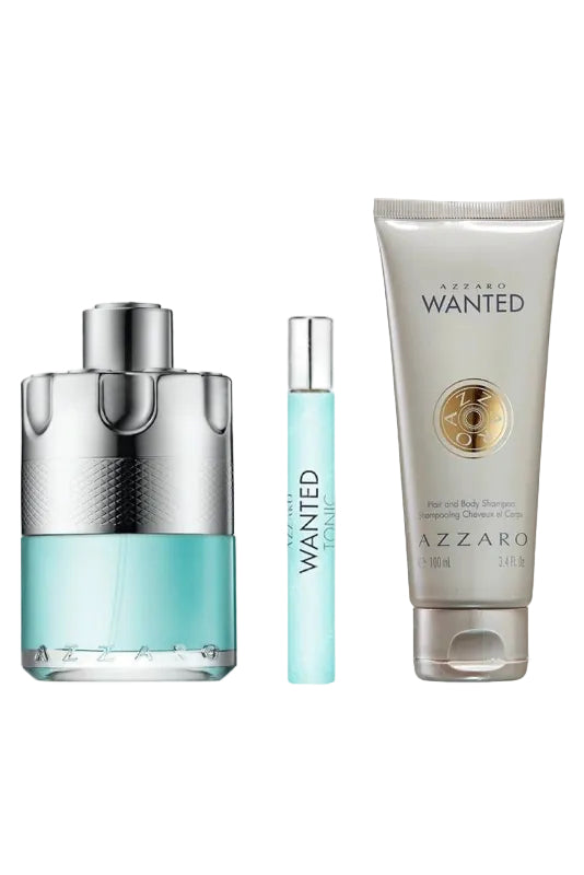 Azzaro perfume set with a bottle, rollerball, and shampoo on a white background. Monza Outlet