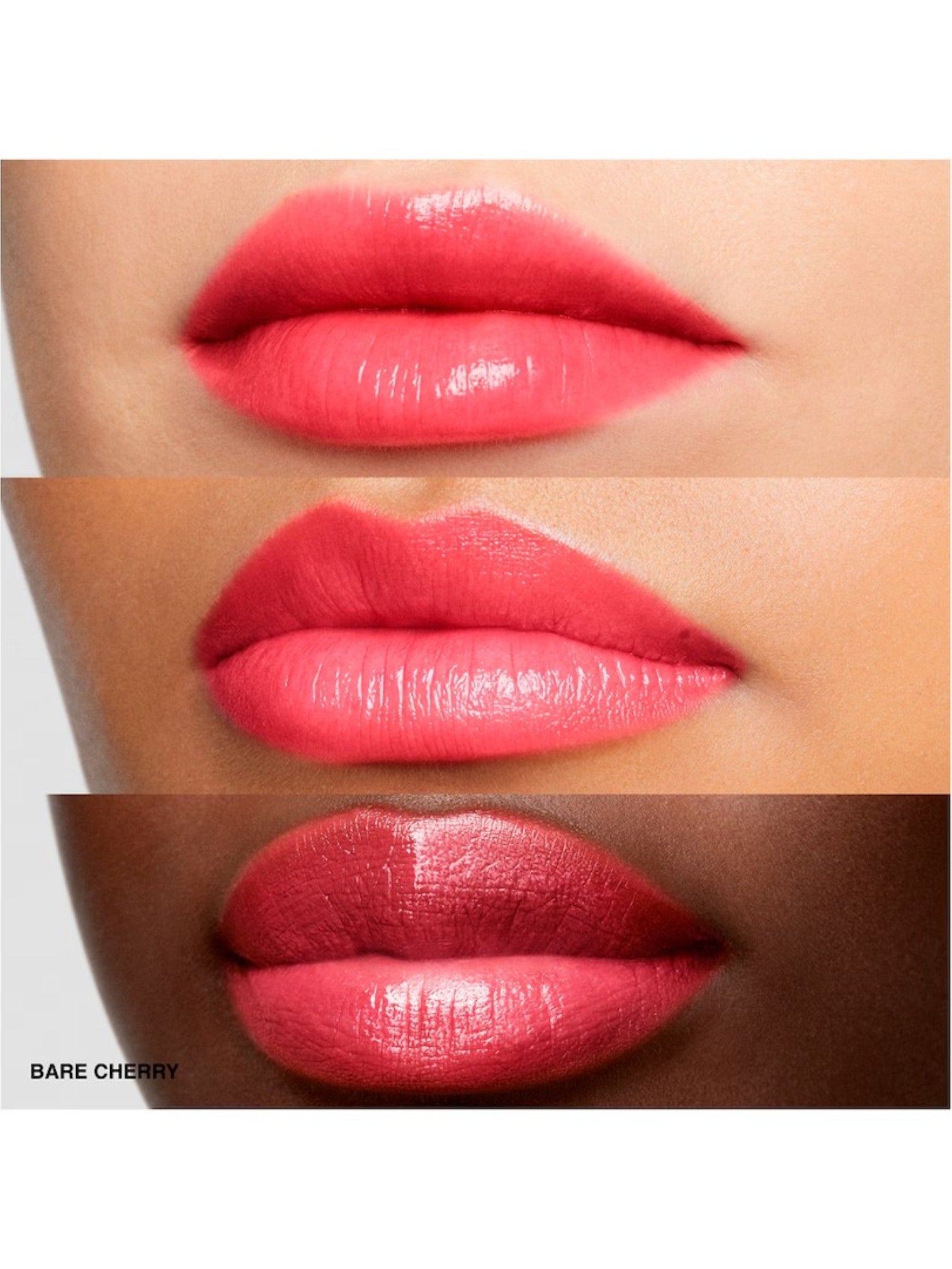 Close-up of lips wearing a bright pink lipstick with Bare Cherry label. Bobbi Brown, Monza Outlet, Monza Fashion, Shein Outlet
